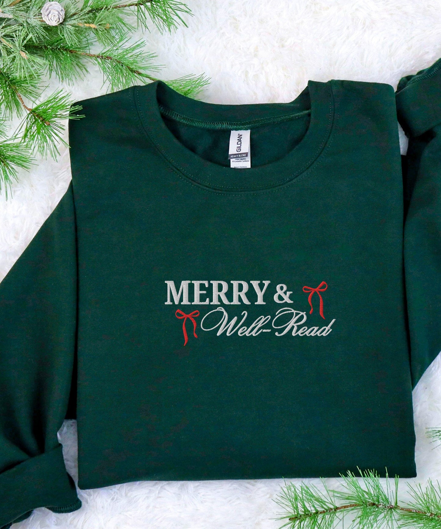 Merry and Well-Read Embroidered Sweatshirt, Bookish Christmas Bow Sweatshirt Well-Read Woman Crewneck, Feminist Christmas Book Shirt