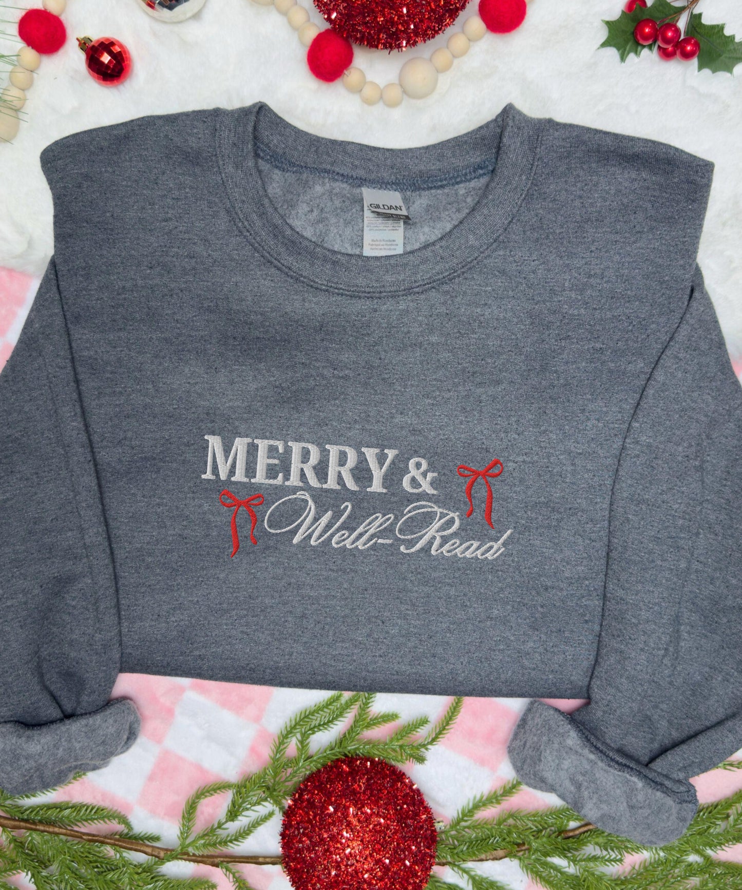 Merry and Well-Read Embroidered Sweatshirt, Bookish Christmas Bow Sweatshirt Well-Read Woman Crewneck, Feminist Christmas Book Shirt