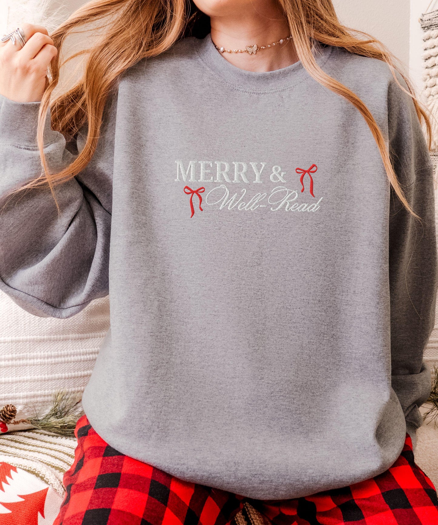 Merry and Well-Read Embroidered Sweatshirt, Bookish Christmas Bow Sweatshirt Well-Read Woman Crewneck, Feminist Christmas Book Shirt