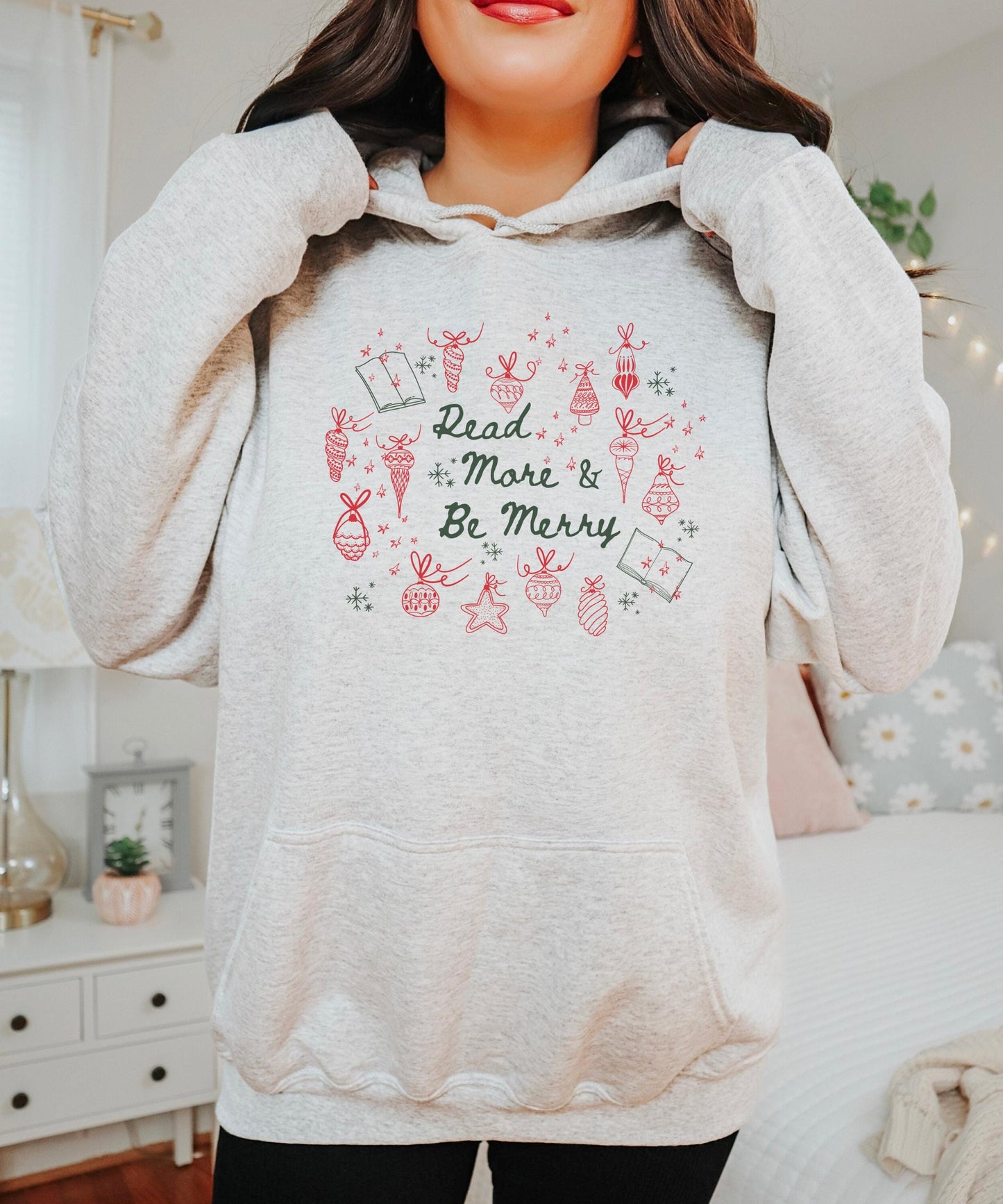 Read More and Be Merry Hoodie, Christmas Sweatshirt for Book Lovers, Christmas Reading Hoodie, Christmas Book Merch Holiday Bookish Apparel