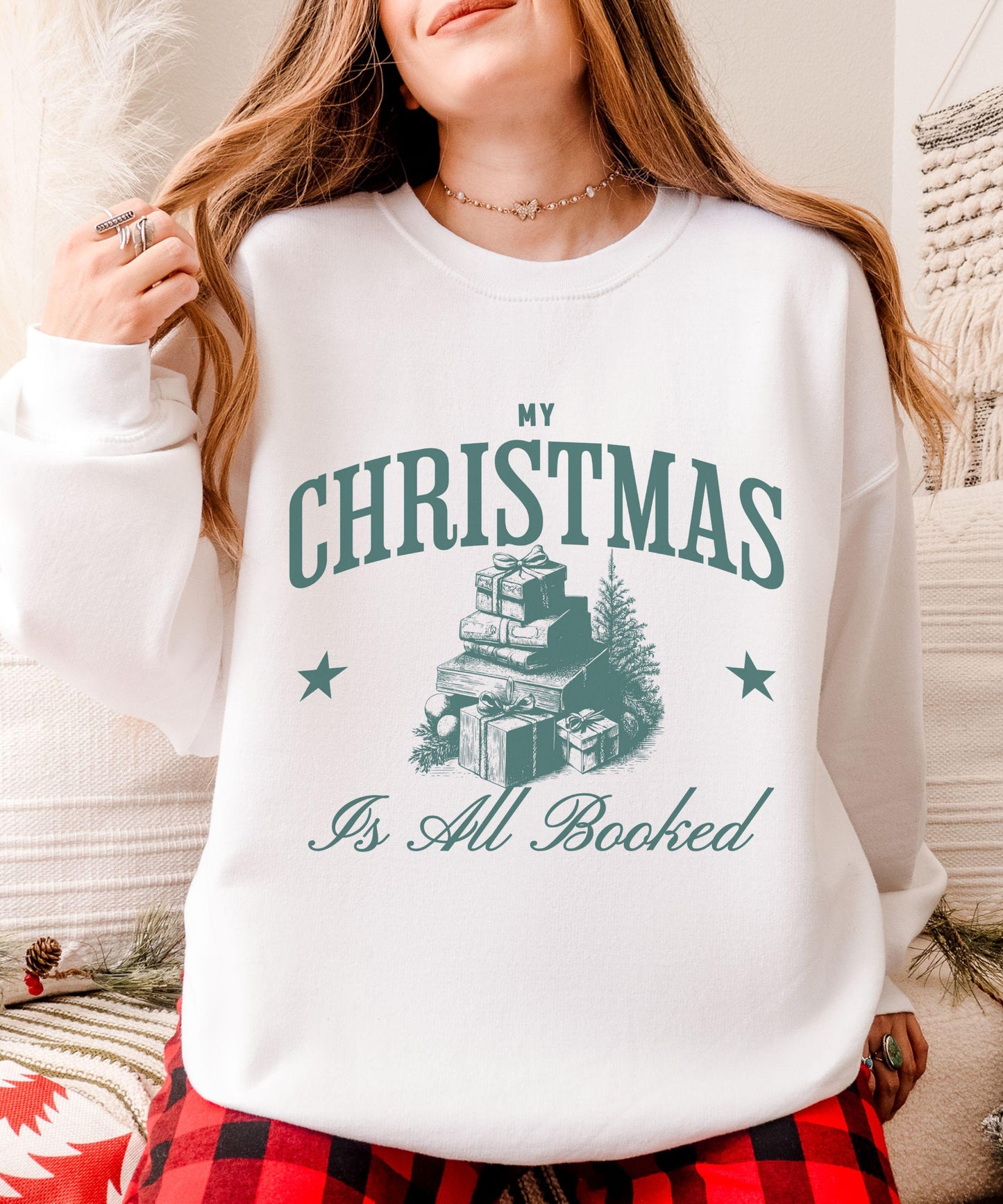 My Christmas Is All Booked Sweatshirt, Christmas Book Shirt, Vintage Christmas Graphic Crewneck, Holiday Sweatshirts for Book Lovers