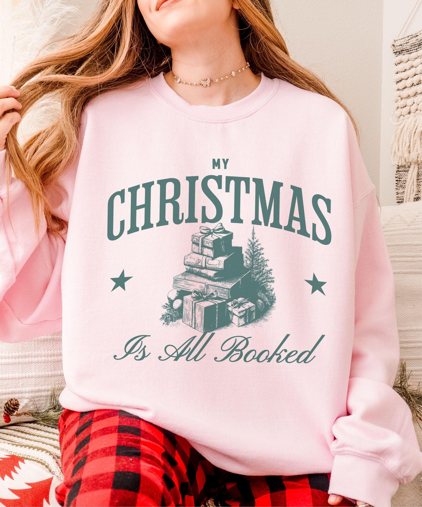 My Christmas Is All Booked Sweatshirt, Christmas Book Shirt, Vintage Christmas Graphic Crewneck, Holiday Sweatshirts for Book Lovers