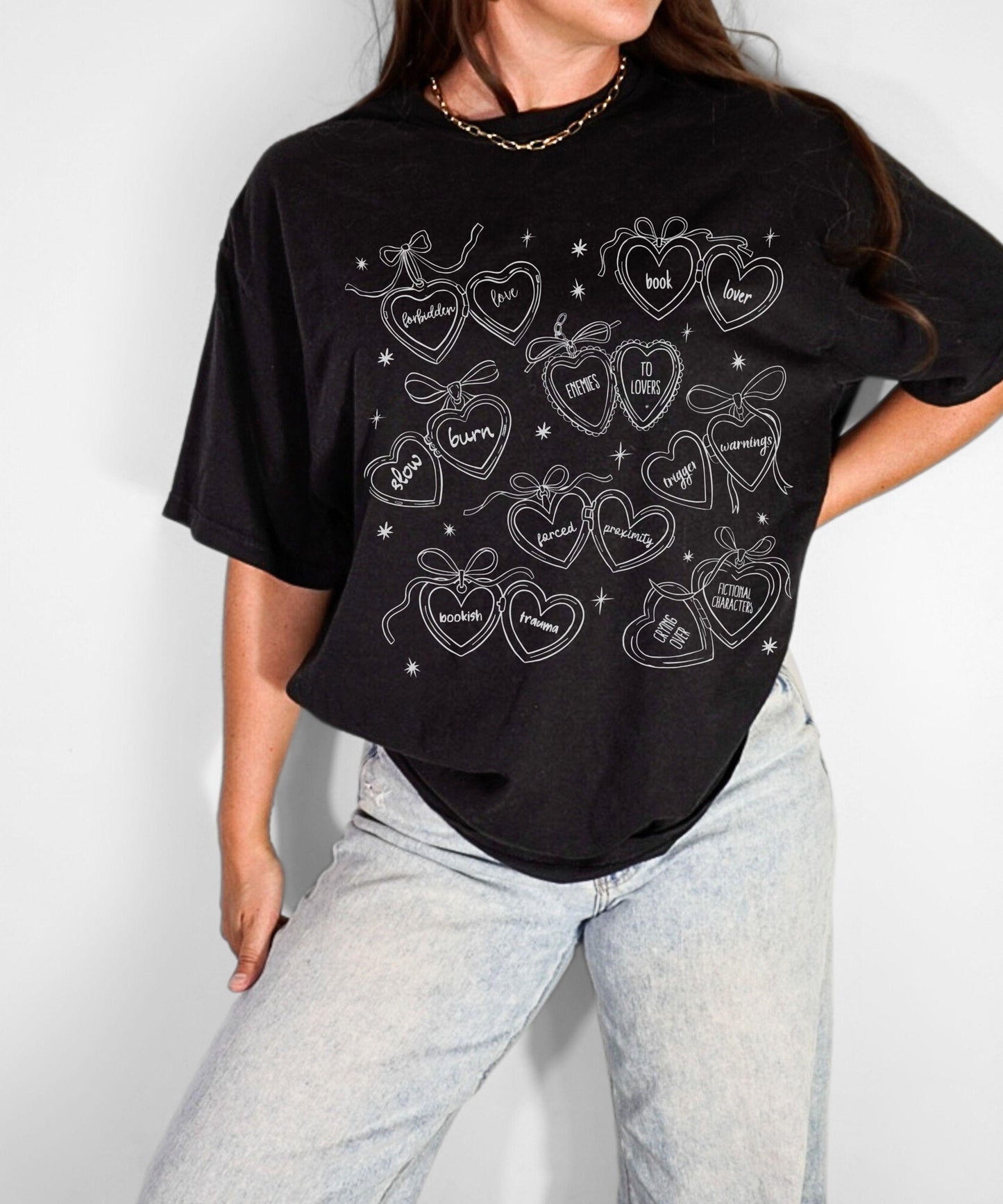 Heart Locket Booklover Shirt, Romance Book Merch, Trigger Warnings Morally Grey Slow Burn Dark Romance, Coquette Locket Book Tropes Shirt
