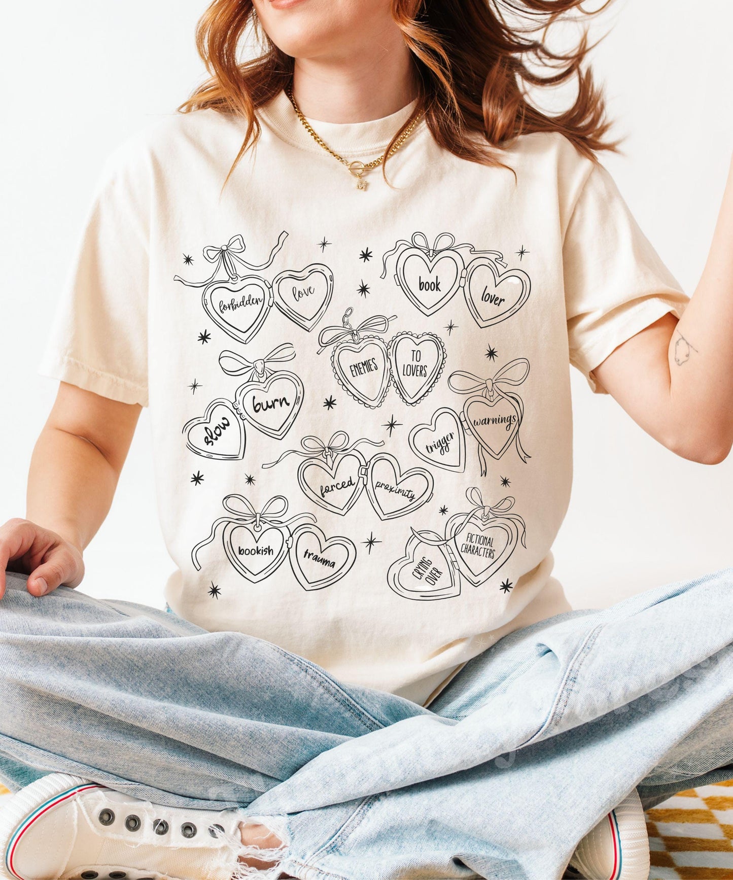 Heart Locket Booklover Shirt, Romance Book Merch, Trigger Warnings Morally Grey Slow Burn Dark Romance, Coquette Locket Book Tropes Shirt