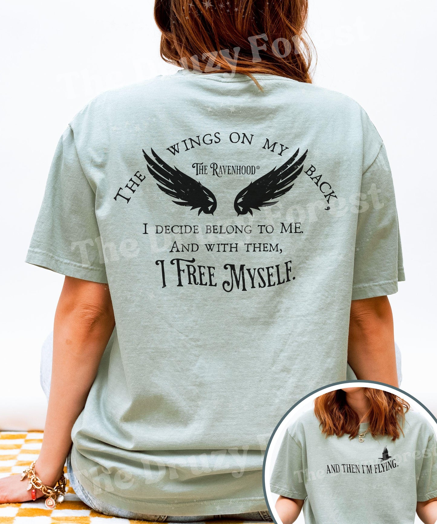 The Ravenhood Licensed Kate Stewart Book Merch, And Then I'm Flying, Cecilia Horner Raven Wings On My Back Quote, Ravenhood Series Shirt
