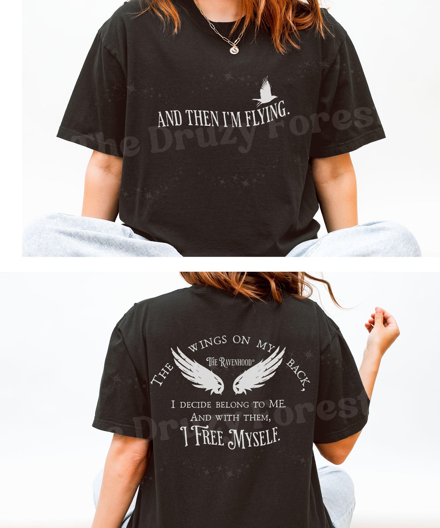 The Ravenhood Licensed Kate Stewart Book Merch, And Then I'm Flying, Cecilia Horner Raven Wings On My Back Quote, Ravenhood Series Shirt