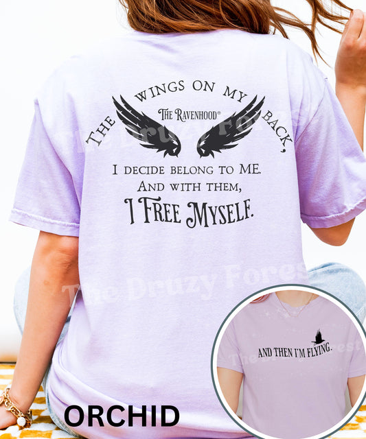 The Ravenhood Licensed Kate Stewart Book Merch, And Then I'm Flying, Cecilia Horner Raven Wings On My Back Quote, Ravenhood Series Shirt