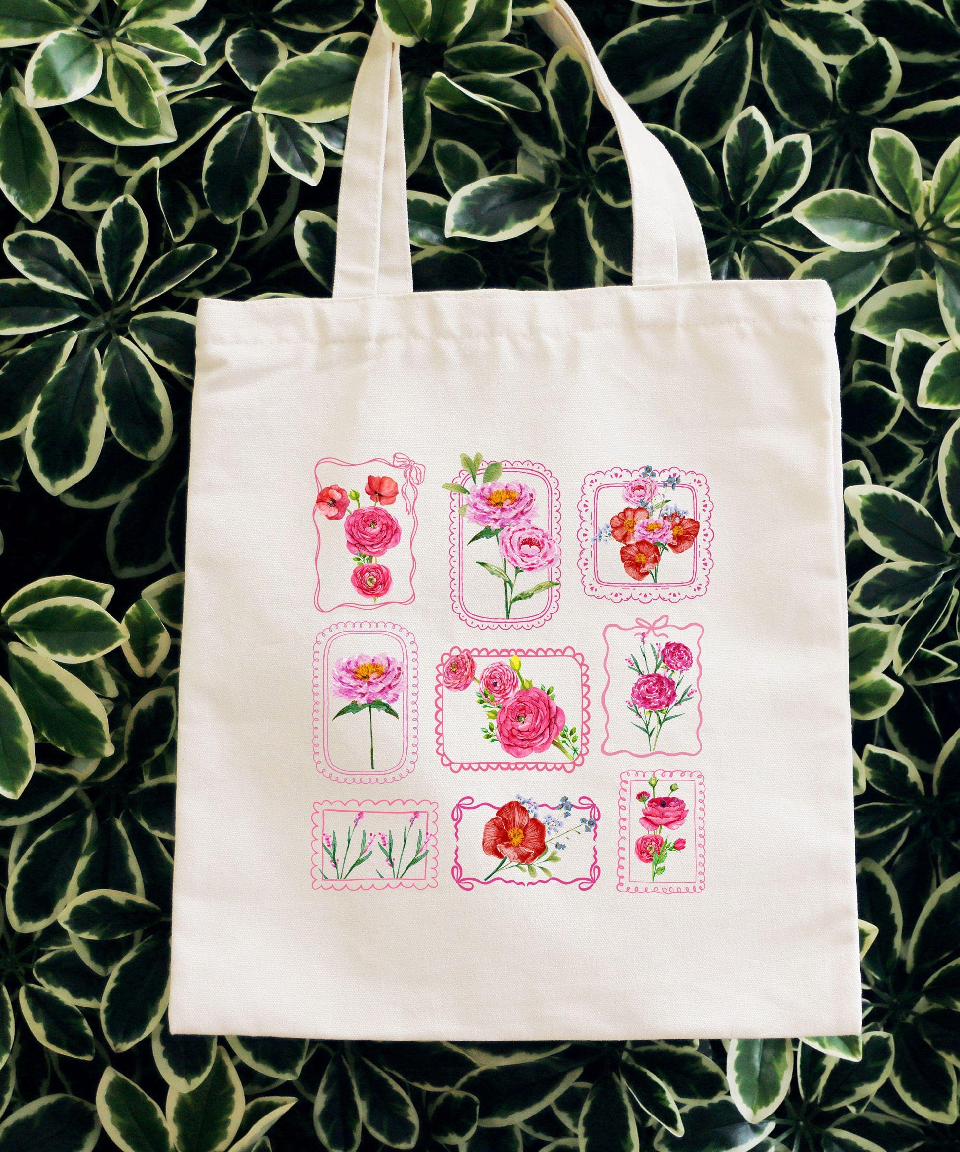 Flower Stamp Grid Tote Bag, Coquette Lace Bow Stamp Floral Canvas Tote bag Farmer Market Bag, Cute Garden Themed Gift, Flower Lover Gifts