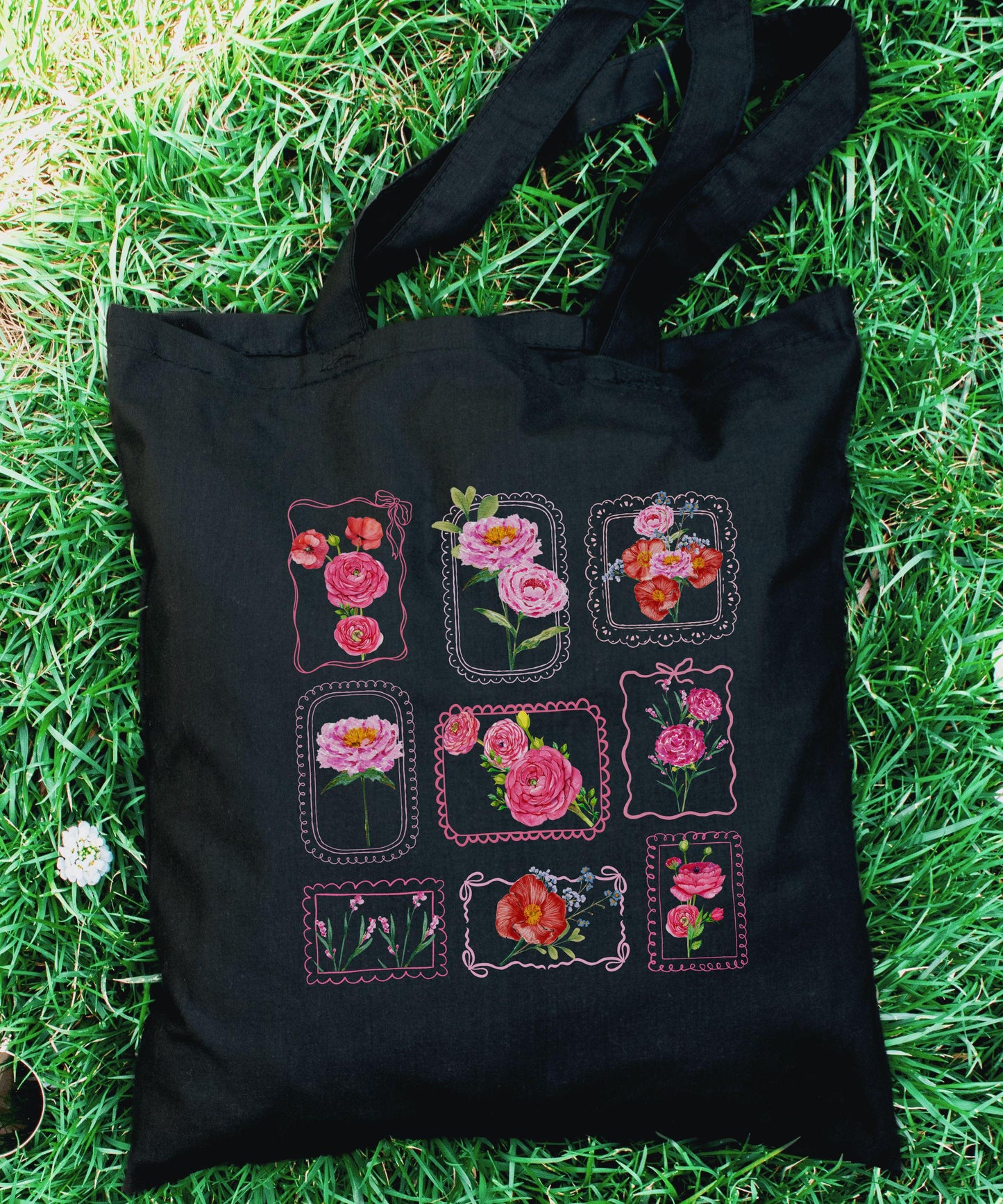 Flower Stamp Grid Tote Bag, Coquette Lace Bow Stamp Floral Canvas Tote bag Farmer Market Bag, Cute Garden Themed Gift, Flower Lover Gifts