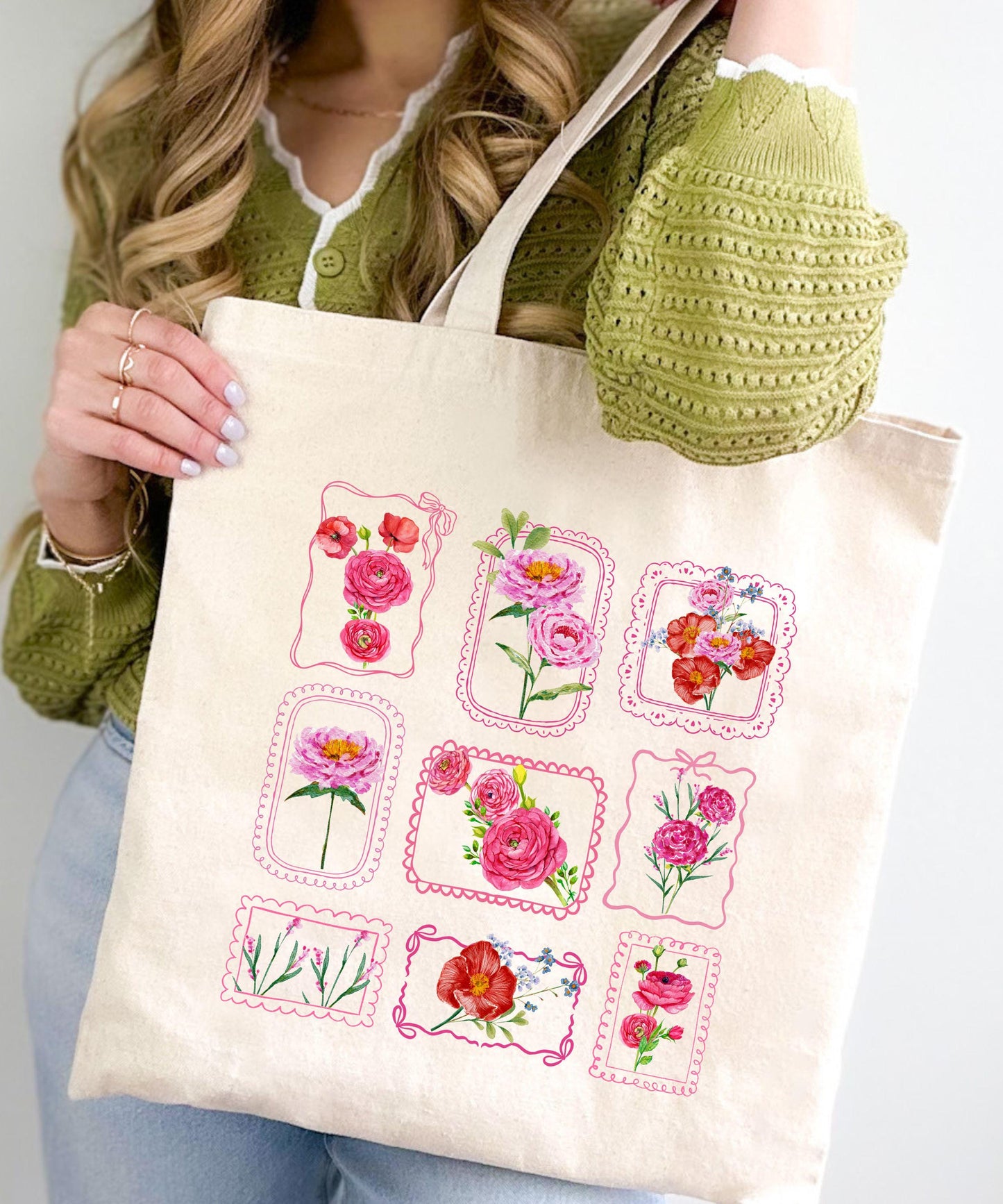 Flower Stamp Grid Tote Bag, Coquette Lace Bow Stamp Floral Canvas Tote bag Farmer Market Bag, Cute Garden Themed Gift, Flower Lover Gifts