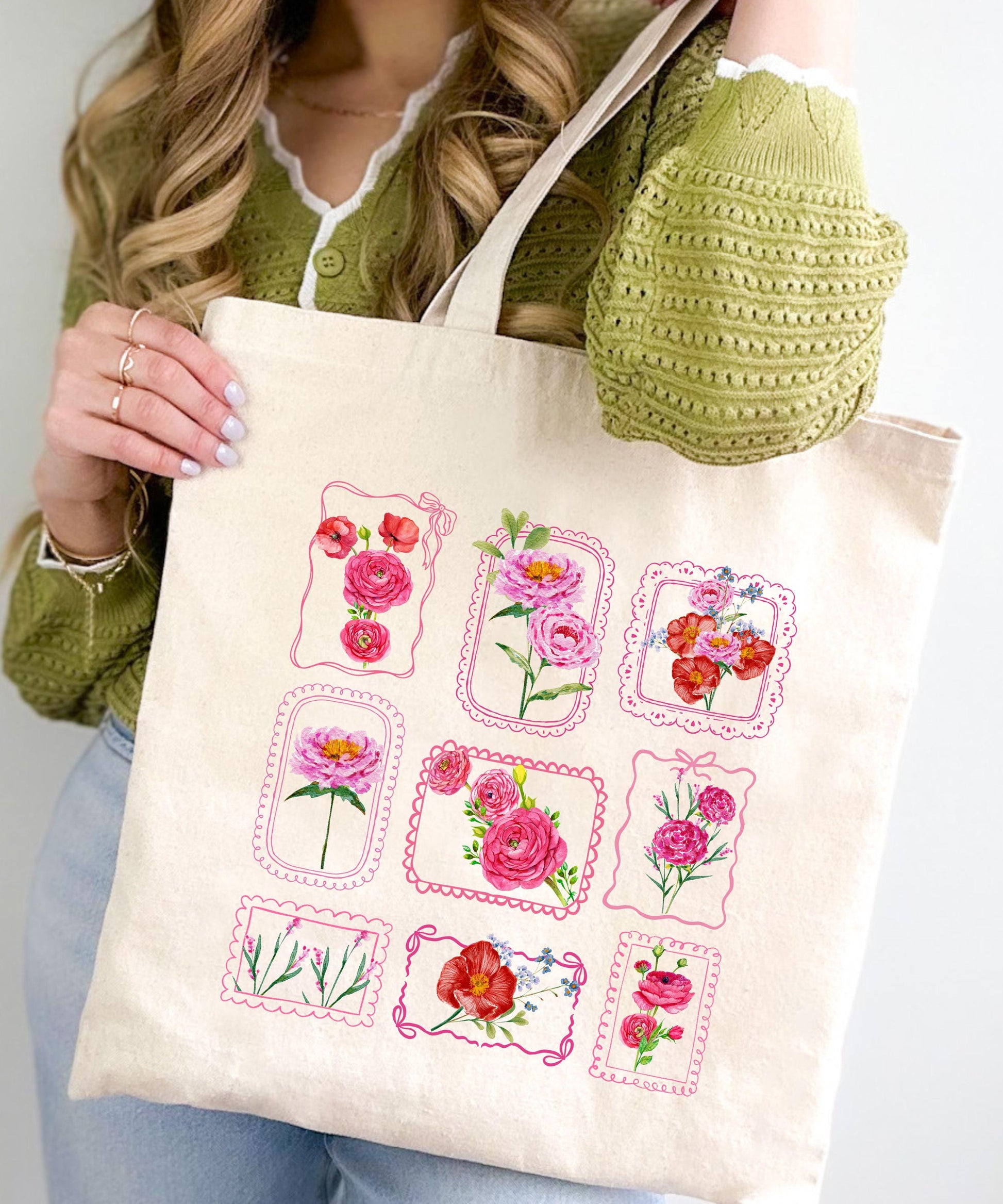 Flower Stamp Grid Tote Bag, Coquette Lace Bow Stamp Floral Canvas Tote bag Farmer Market Bag, Cute Garden Themed Gift, Flower Lover Gifts