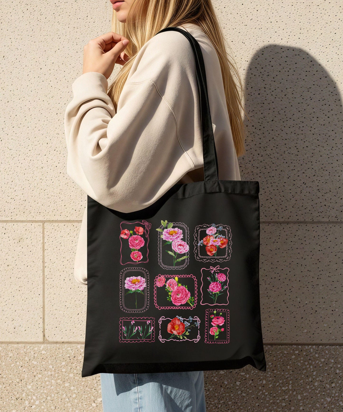 Flower Stamp Grid Tote Bag, Coquette Lace Bow Stamp Floral Canvas Tote bag Farmer Market Bag, Cute Garden Themed Gift, Flower Lover Gifts