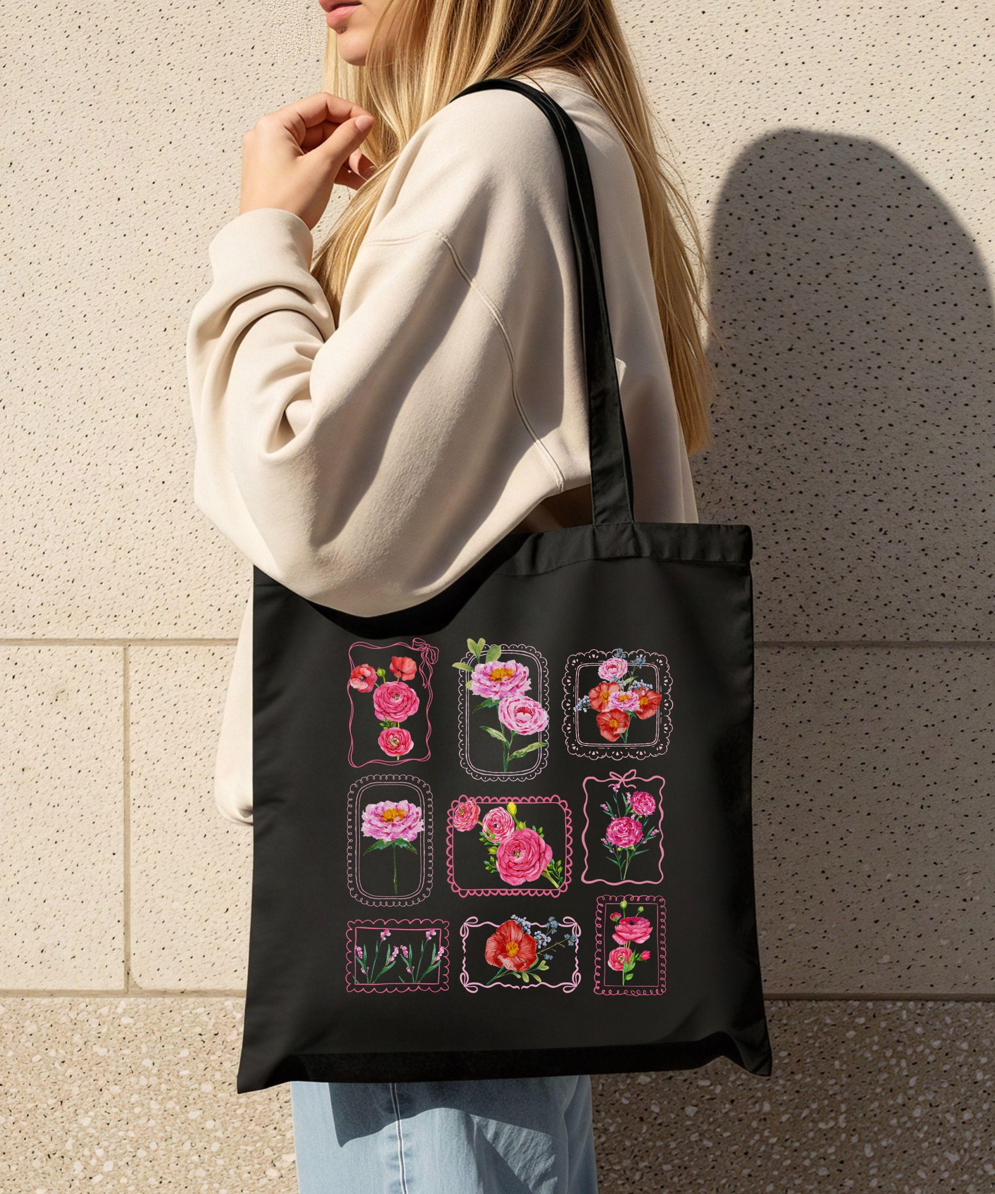Flower Stamp Grid Tote Bag, Coquette Lace Bow Stamp Floral Canvas Tote bag Farmer Market Bag, Cute Garden Themed Gift, Flower Lover Gifts