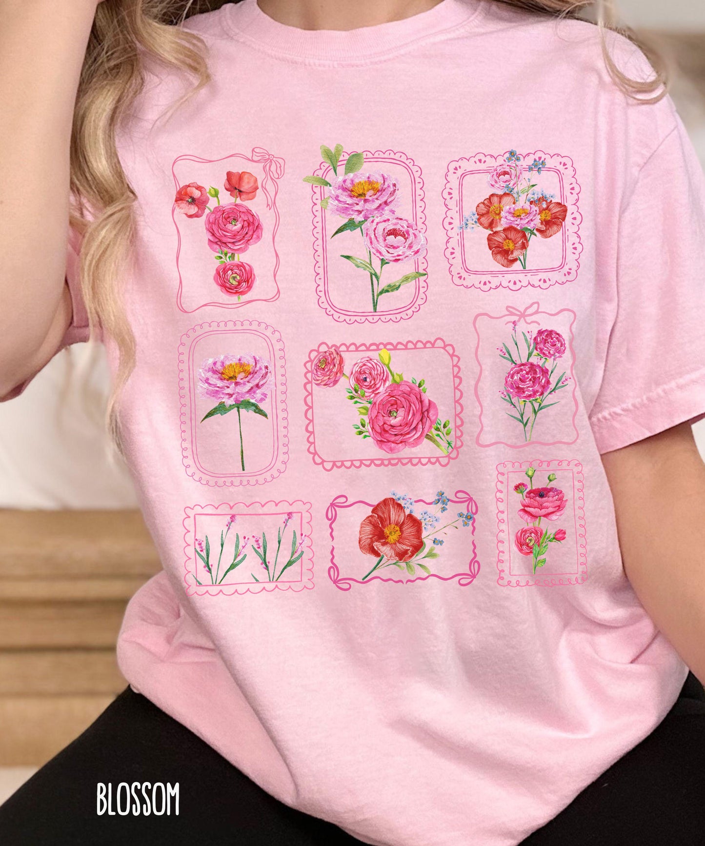 Floral Stamp Shirt: Comfort Colors Flower Garden Coquette Bow Grid T-shirt, Flower Lover Gardener gifts