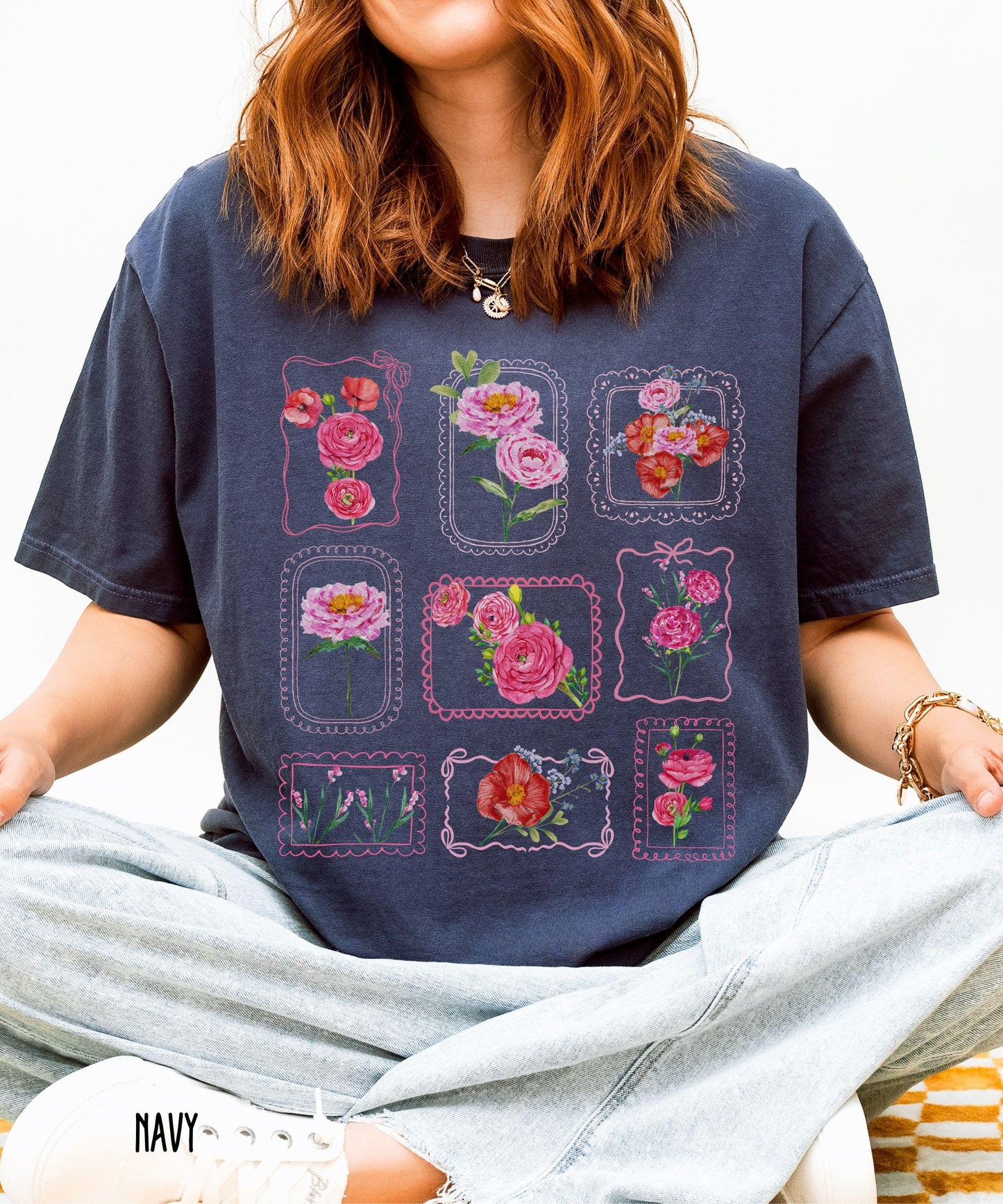Floral Stamp Shirt: Comfort Colors Flower Garden Coquette Bow Grid T-shirt, Flower Lover Gardener gifts