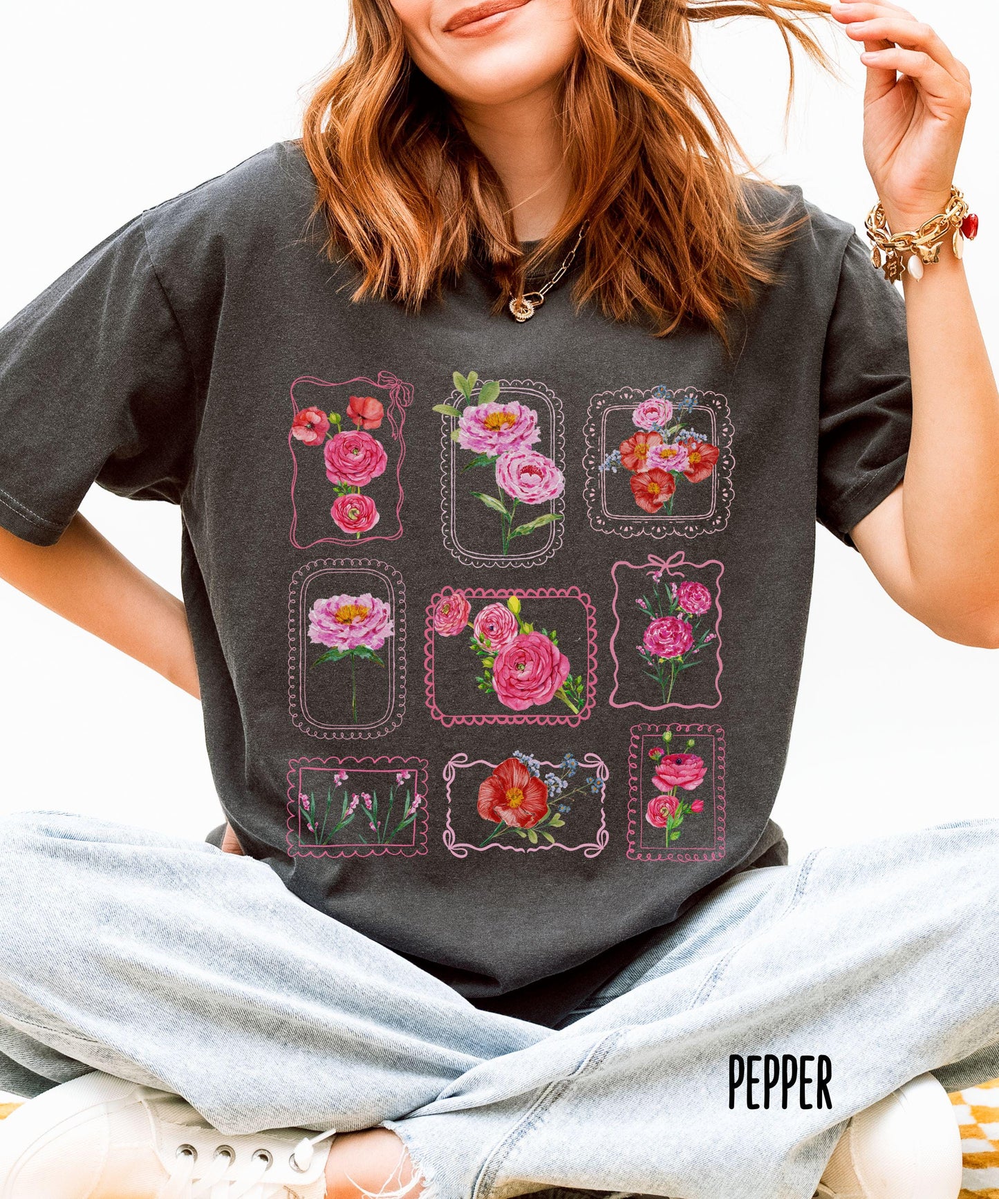 Floral Stamp Shirt: Comfort Colors Flower Garden Coquette Bow Grid T-shirt, Flower Lover Gardener gifts