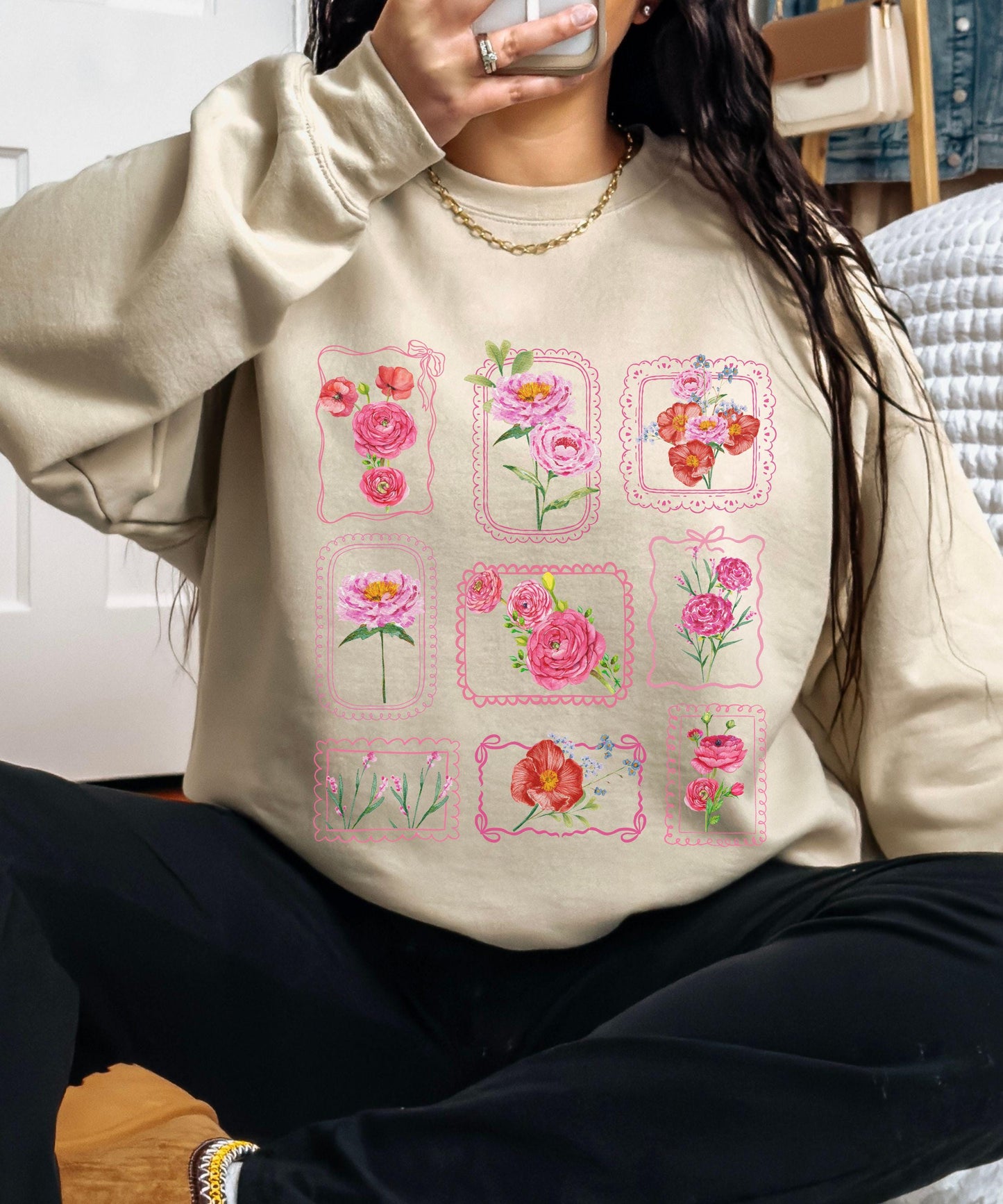 Floral Stamp Sweatshirt: Coquette Lace Bow Flower Bouquet Grid Sweater; Gardener Shirt