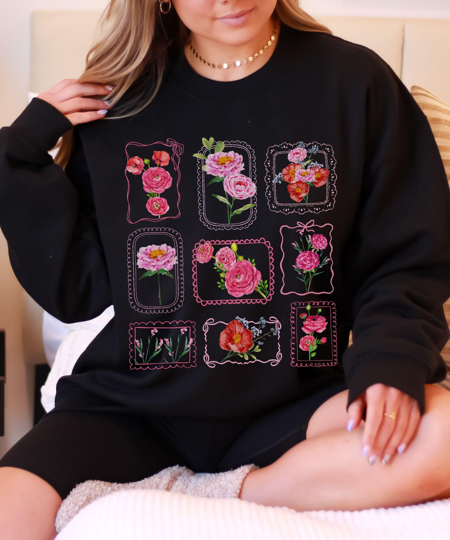 Floral Stamp Sweatshirt: Coquette Lace Bow Flower Bouquet Grid Sweater; Gardener Shirt