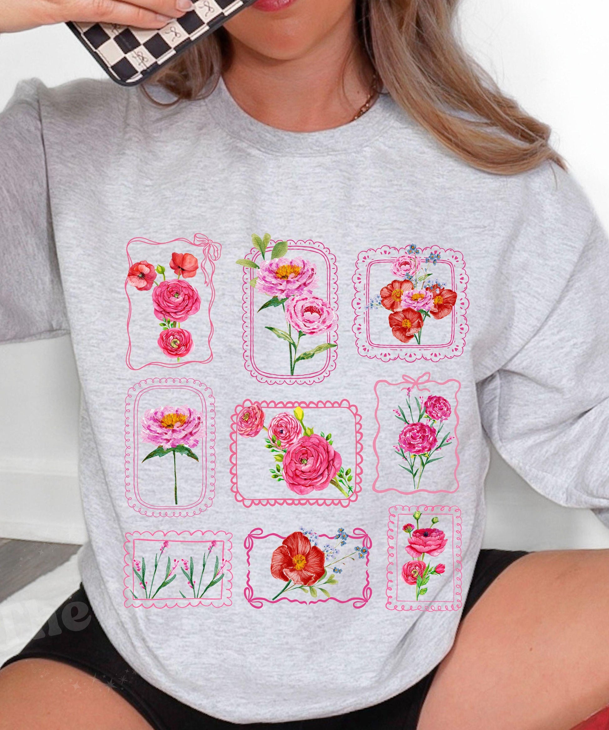 Floral Stamp Sweatshirt: Coquette Lace Bow Flower Bouquet Grid Sweater; Gardener Shirt