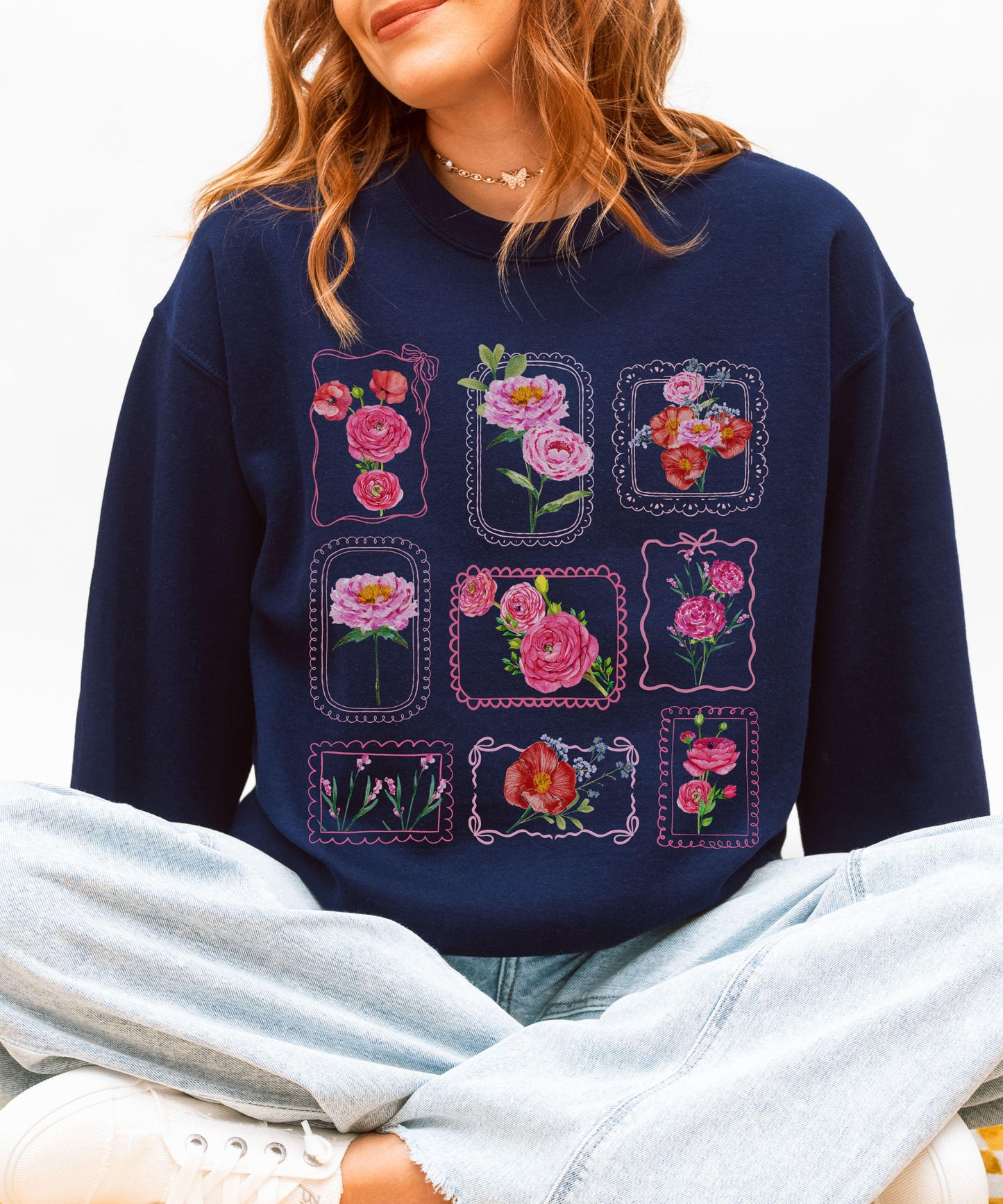 Floral Stamp Sweatshirt: Coquette Lace Bow Flower Bouquet Grid Sweater; Gardener Shirt
