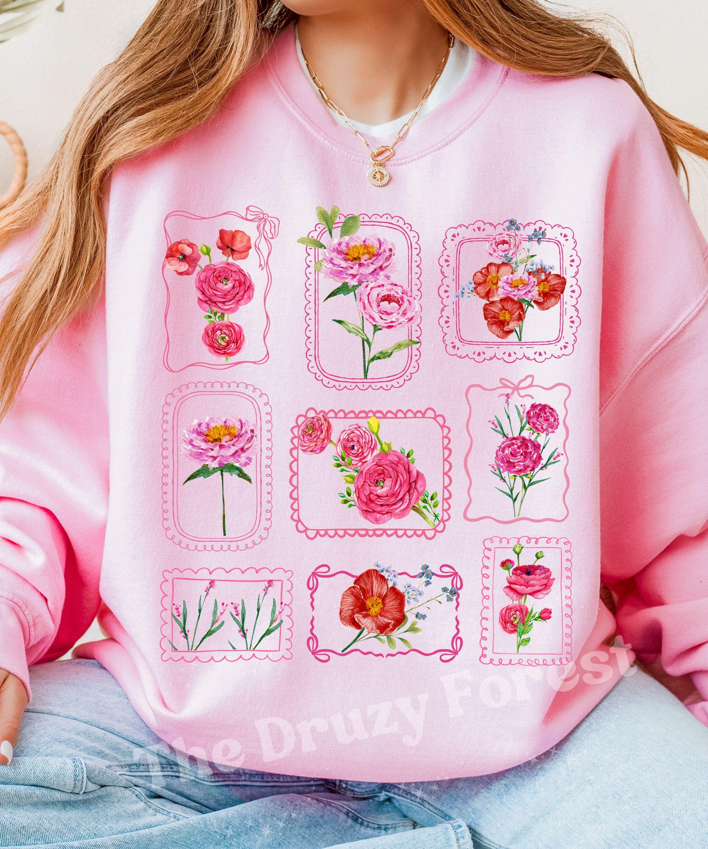 Floral Stamp Sweatshirt: Coquette Lace Bow Flower Bouquet Grid Sweater; Gardener Shirt