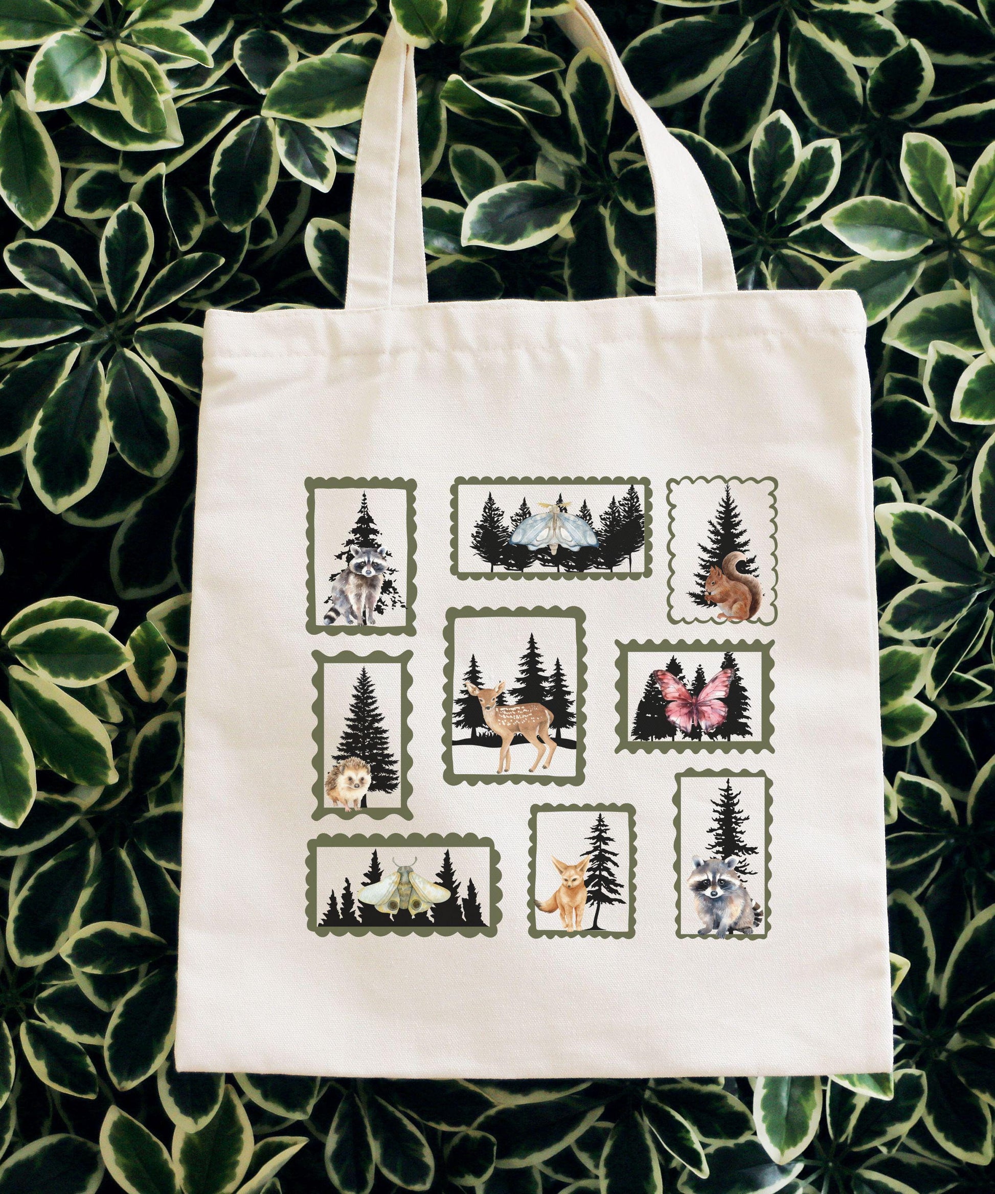 Forest Animals Stamp Canvas Tote Bag, Nature Lover Postage Stamp Tote Bag, Trees Raccoon Squirrel Deer Fennec Fox, Animal Lover Gift