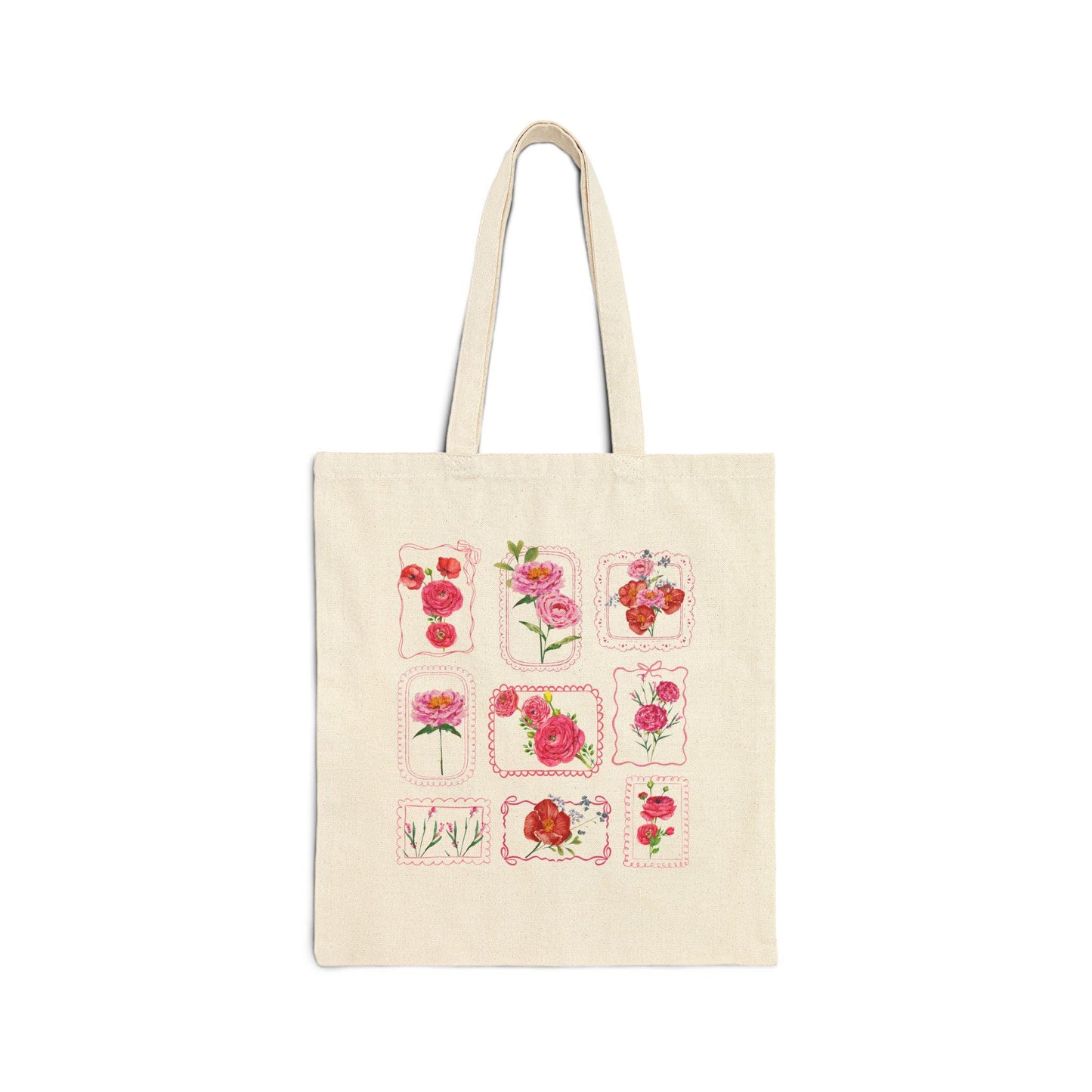 Flower Stamp Grid Tote Bag, Coquette Lace Bow Stamp Floral Canvas Tote bag Farmer Market Bag, Cute Garden Themed Gift, Flower Lover Gifts