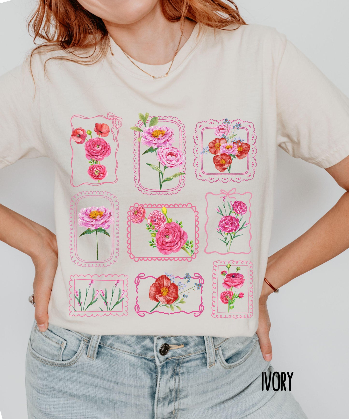 Floral Stamp Shirt: Comfort Colors Flower Garden Coquette Bow Grid T-shirt, Flower Lover Gardener gifts