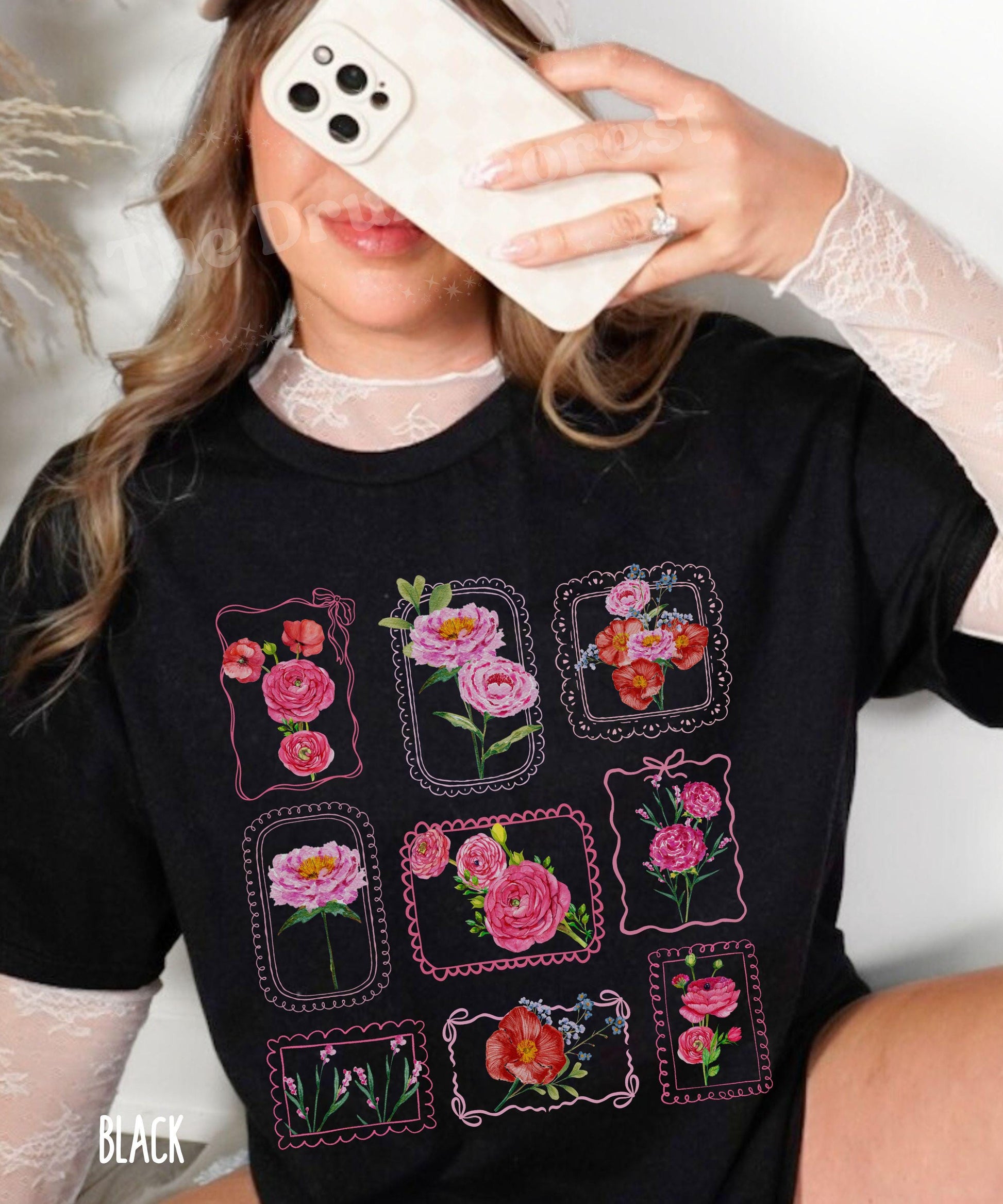 Floral Stamp Shirt: Comfort Colors Flower Garden Coquette Bow Grid T-shirt, Flower Lover Gardener gifts