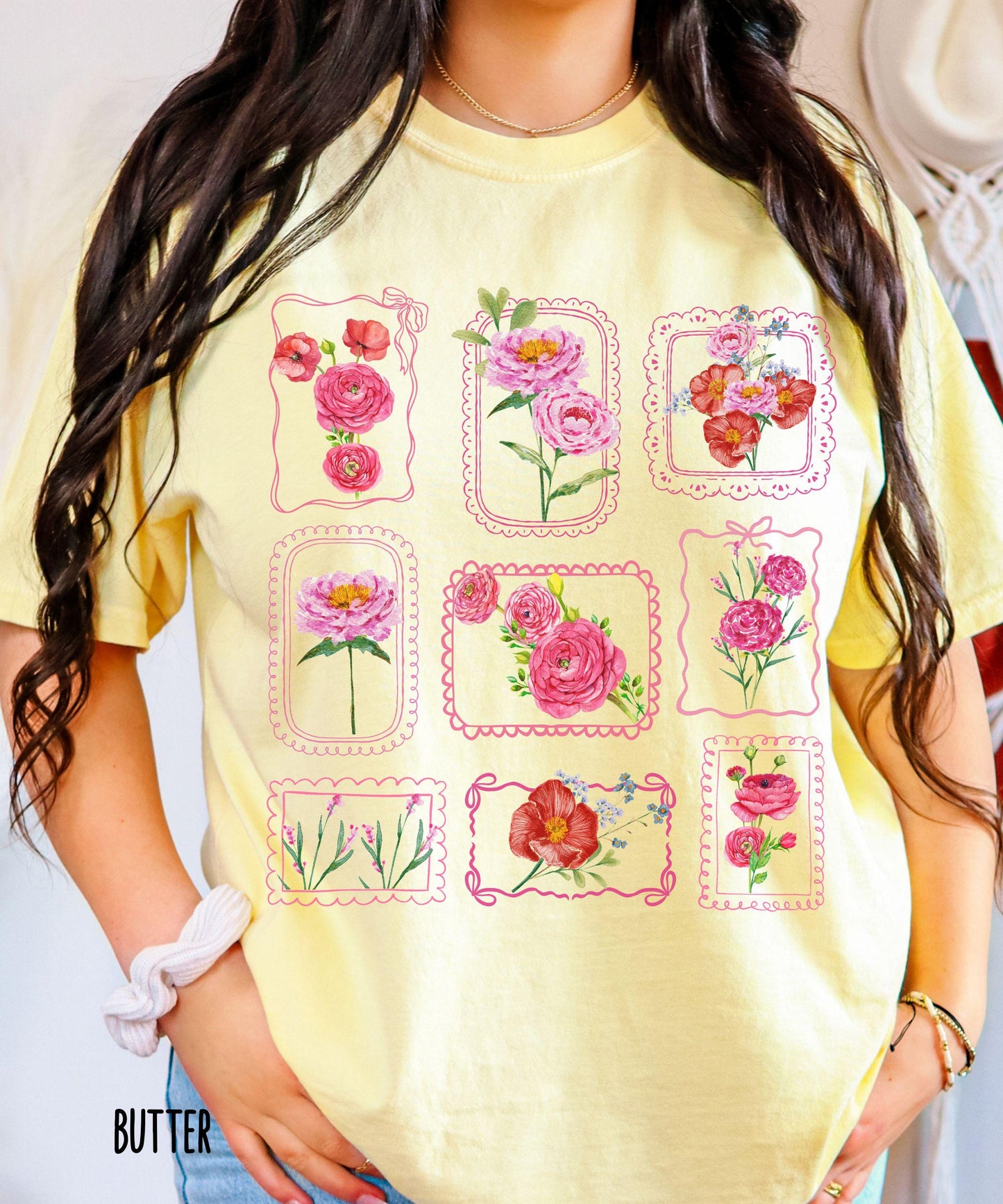 Floral Stamp Shirt: Comfort Colors Flower Garden Coquette Bow Grid T-shirt, Flower Lover Gardener gifts
