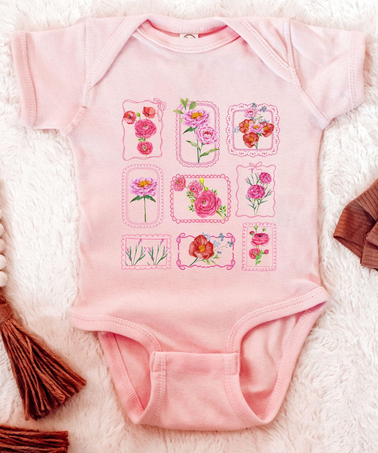Floral Stamp Baby Bodysuit, Coquette Bow Lace Grid Postage Stamp Baby Bodysuit, Floral Baby Clothes Baby Shower Gift, Garden Baby Gift