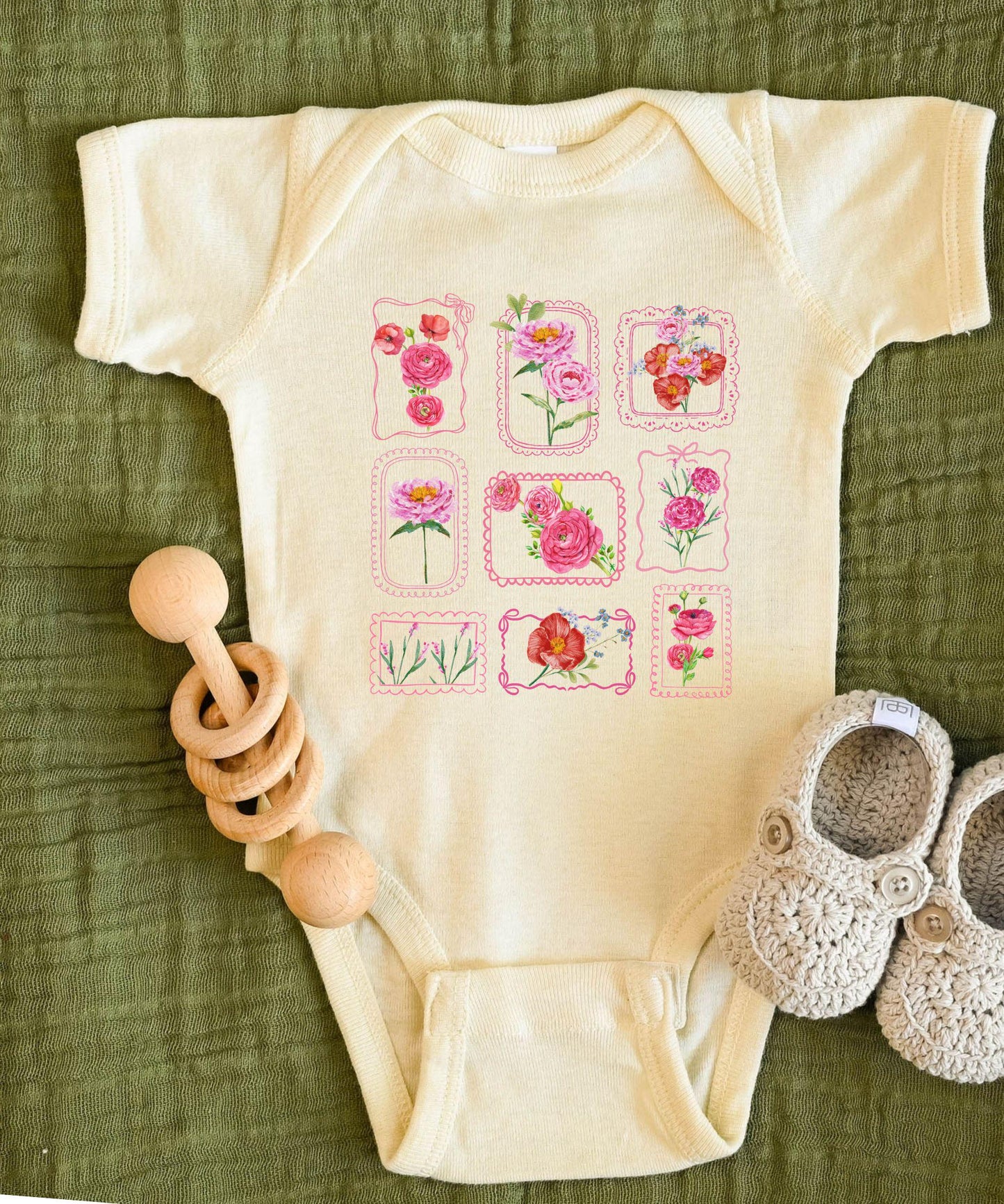 Floral Stamp Baby Bodysuit, Coquette Bow Lace Grid Postage Stamp Baby Bodysuit, Floral Baby Clothes Baby Shower Gift, Garden Baby Gift