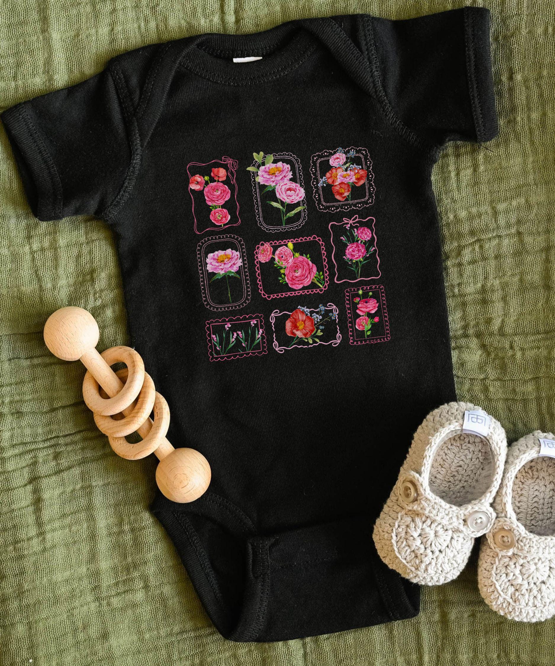 Floral Stamp Baby Bodysuit, Coquette Bow Lace Grid Postage Stamp Baby Bodysuit, Floral Baby Clothes Baby Shower Gift, Garden Baby Gift