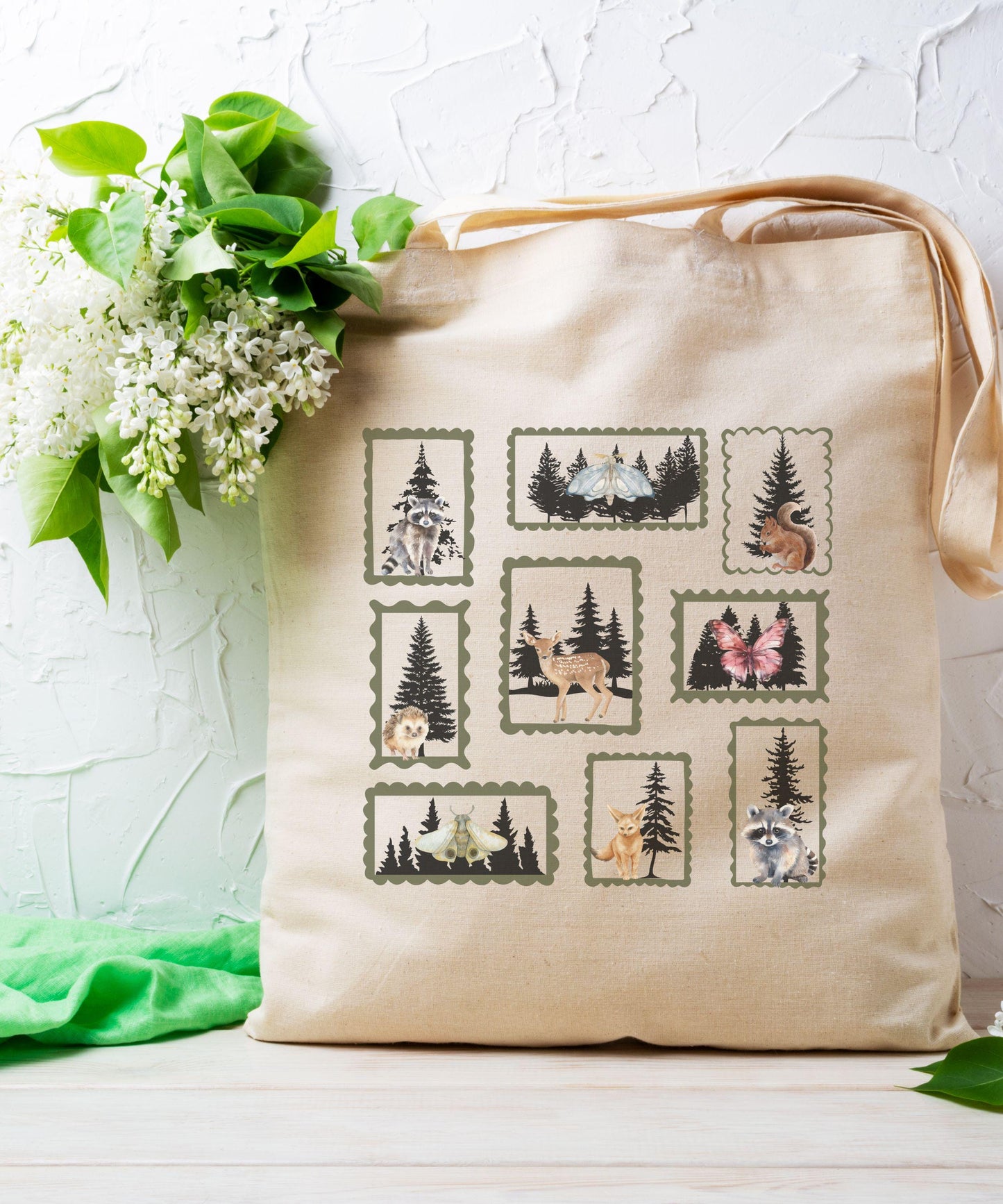 Forest Animals Stamp Canvas Tote Bag, Nature Lover Postage Stamp Tote Bag, Trees Raccoon Squirrel Deer Fennec Fox, Animal Lover Gift