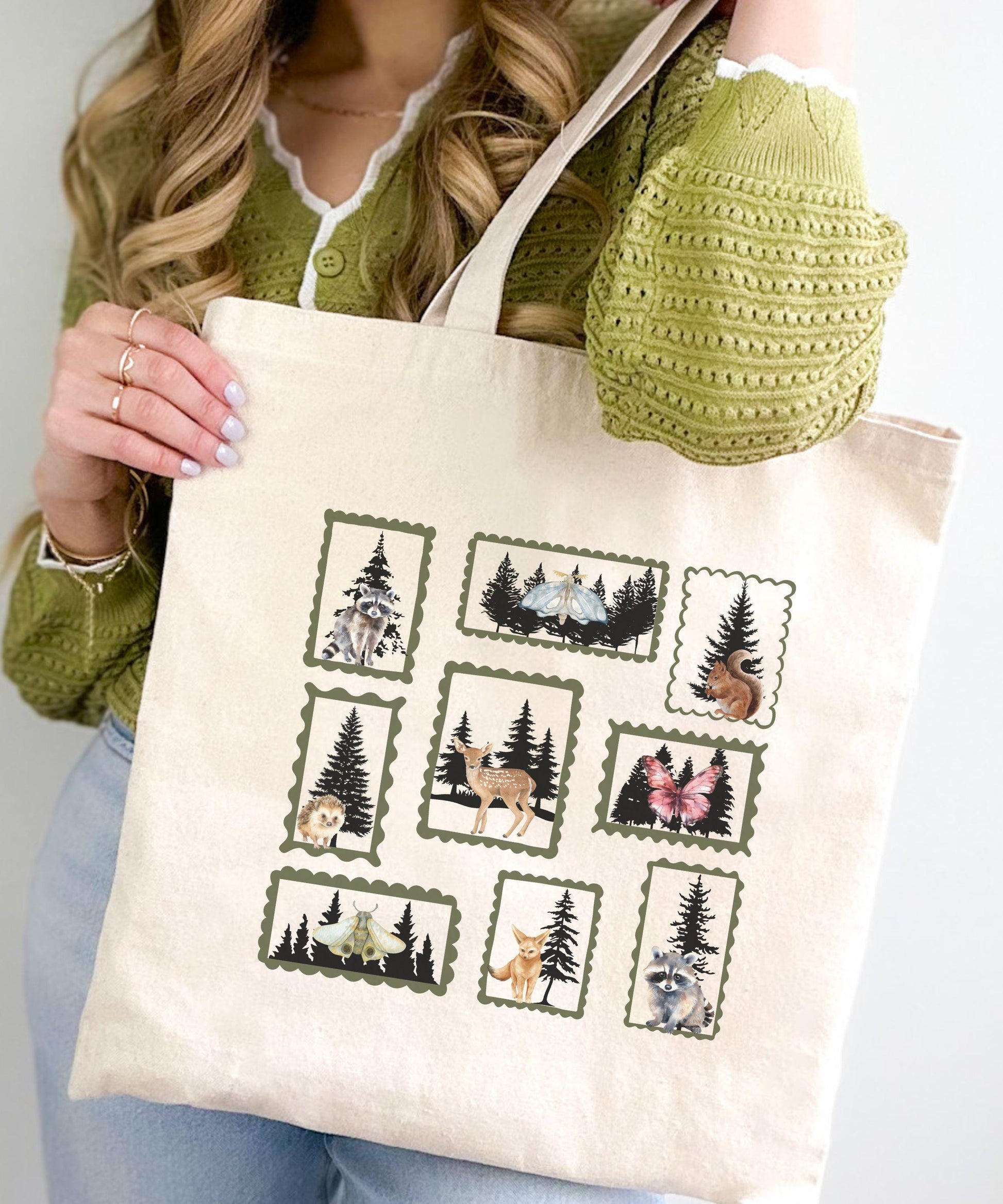 Forest Animals Stamp Canvas Tote Bag, Nature Lover Postage Stamp Tote Bag, Trees Raccoon Squirrel Deer Fennec Fox, Animal Lover Gift