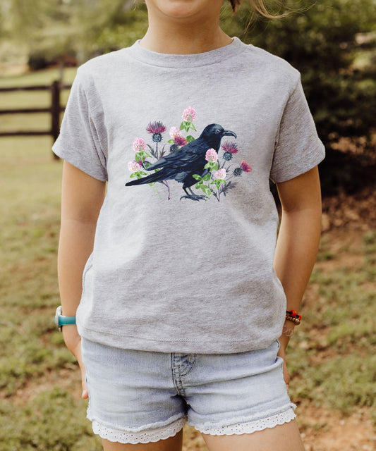 Raven Shirt Girl, Witchy Kids Clothes Dark Academia Cottagecore Crow Gifts, Goblincore Whimsigoth Boho Goth Nature Raven Toddler Tee