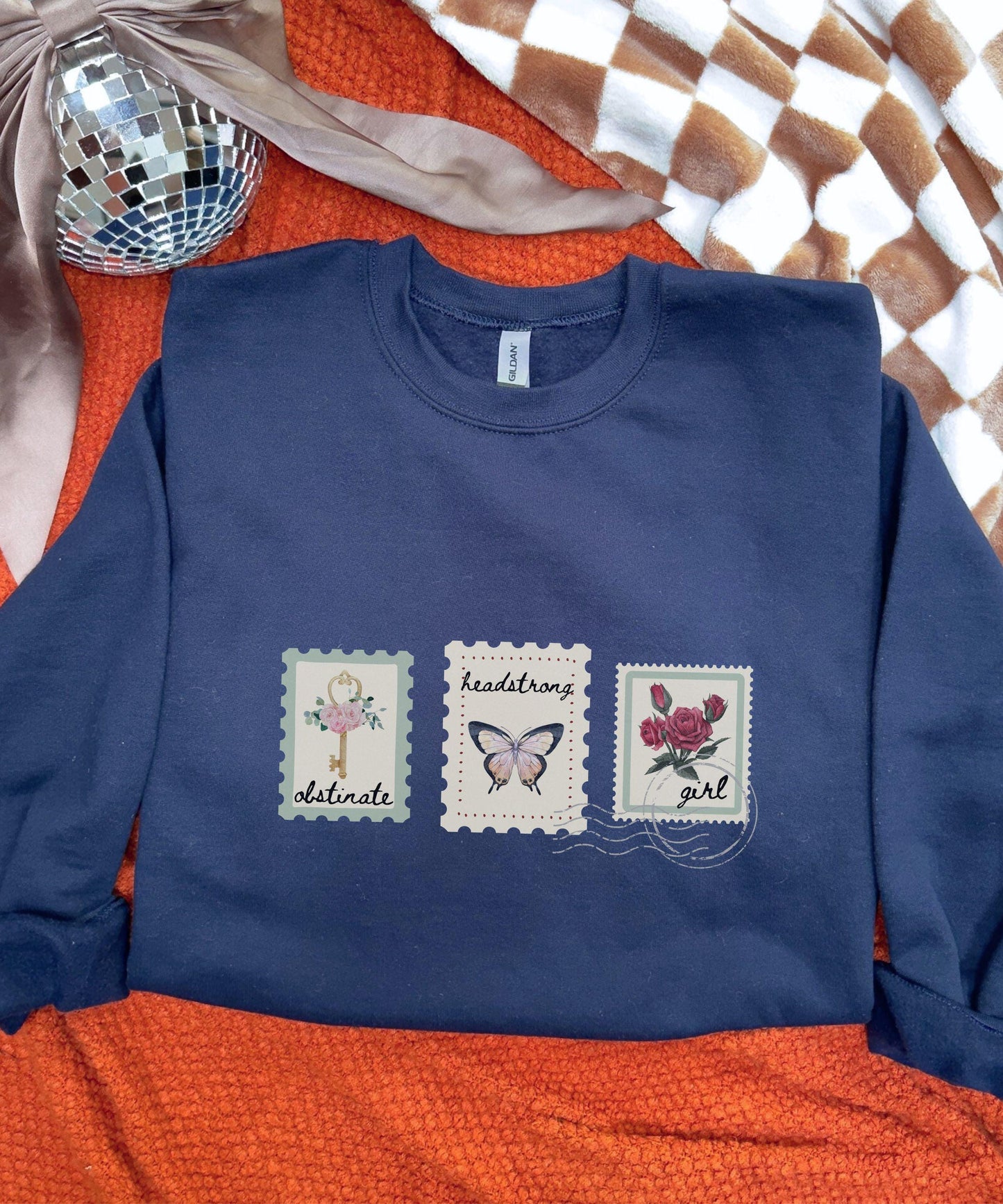 Obstinate Headstrong Girl Postage Stamp Crewneck Sweatshirt, Jane Austen Gifts, Pride and Prejudice Feminist Literary Quote Shirt