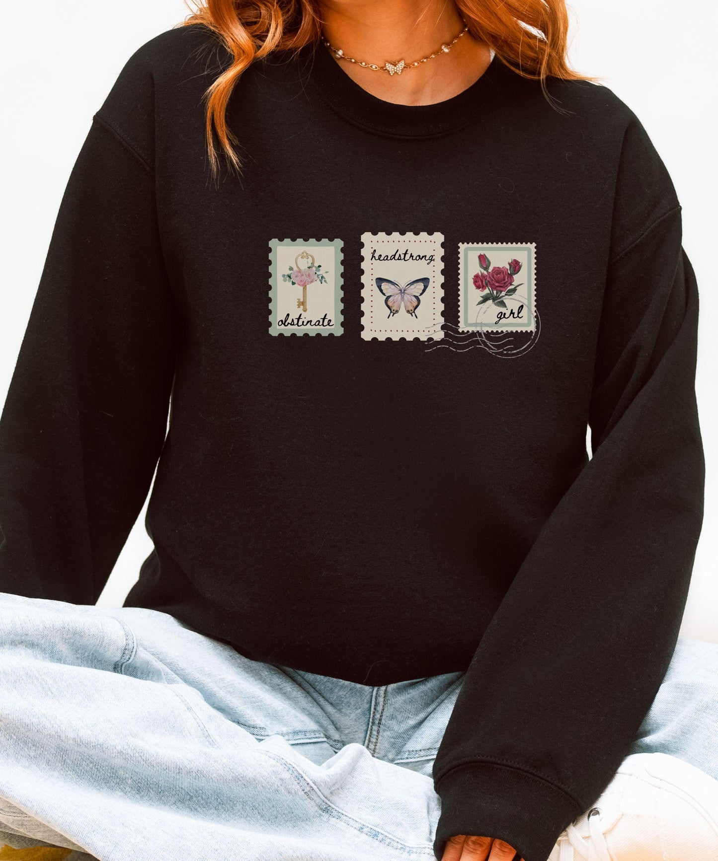 Obstinate Headstrong Girl Postage Stamp Crewneck Sweatshirt, Jane Austen Gifts, Pride and Prejudice Feminist Literary Quote Shirt