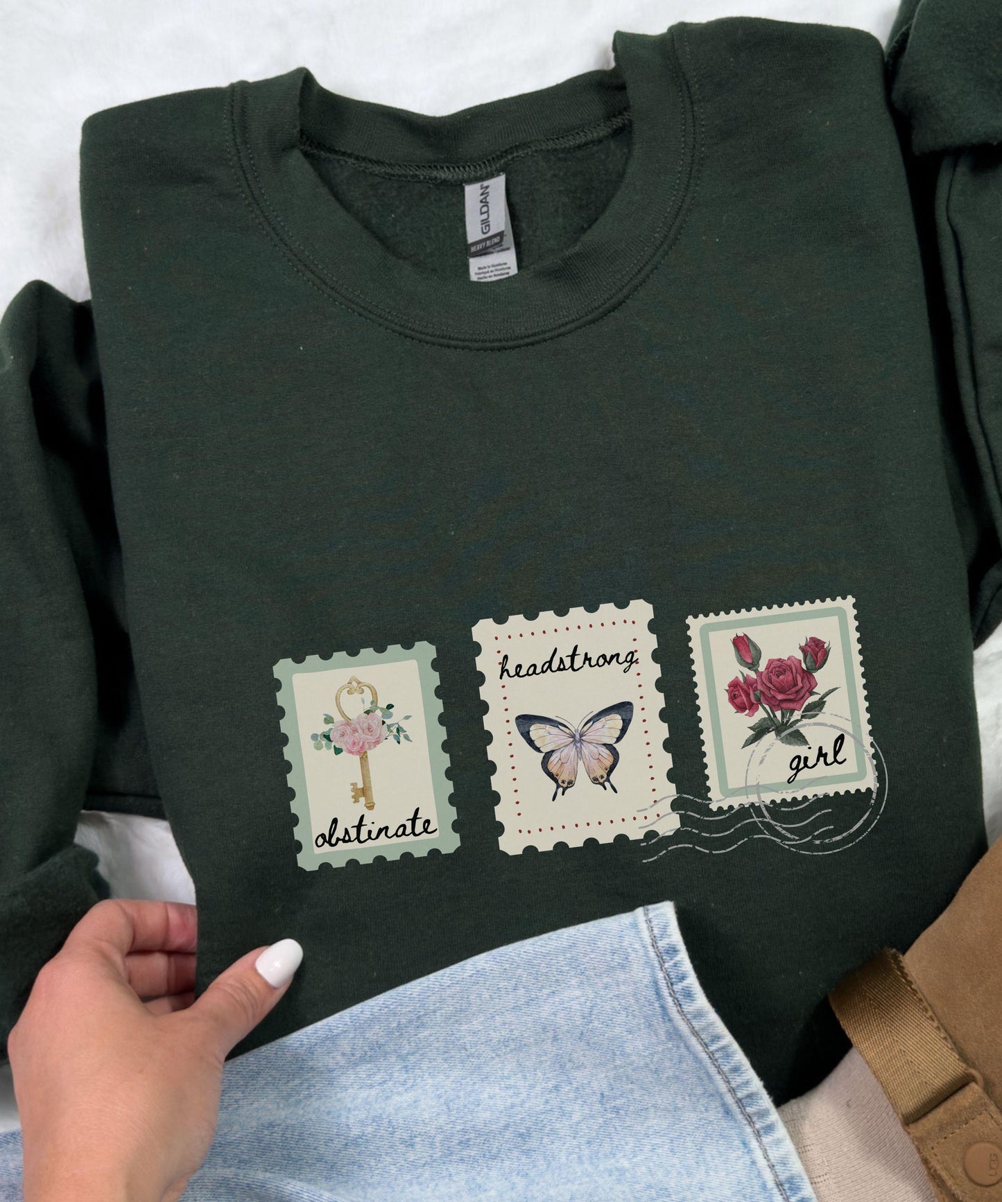 Obstinate Headstrong Girl Postage Stamp Crewneck Sweatshirt, Jane Austen Gifts, Pride and Prejudice Feminist Literary Quote Shirt