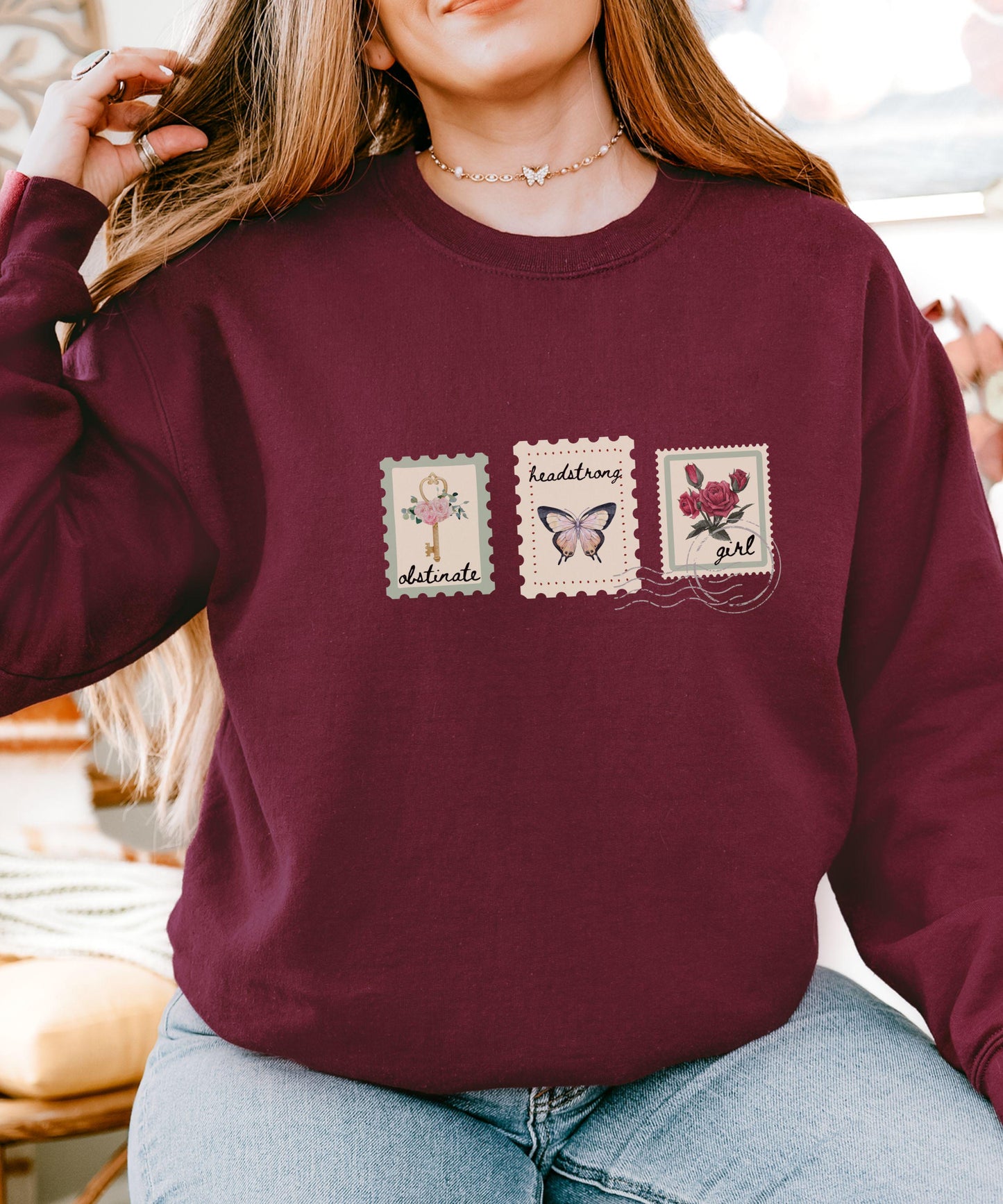 Obstinate Headstrong Girl Postage Stamp Crewneck Sweatshirt, Jane Austen Gifts, Pride and Prejudice Feminist Literary Quote Shirt