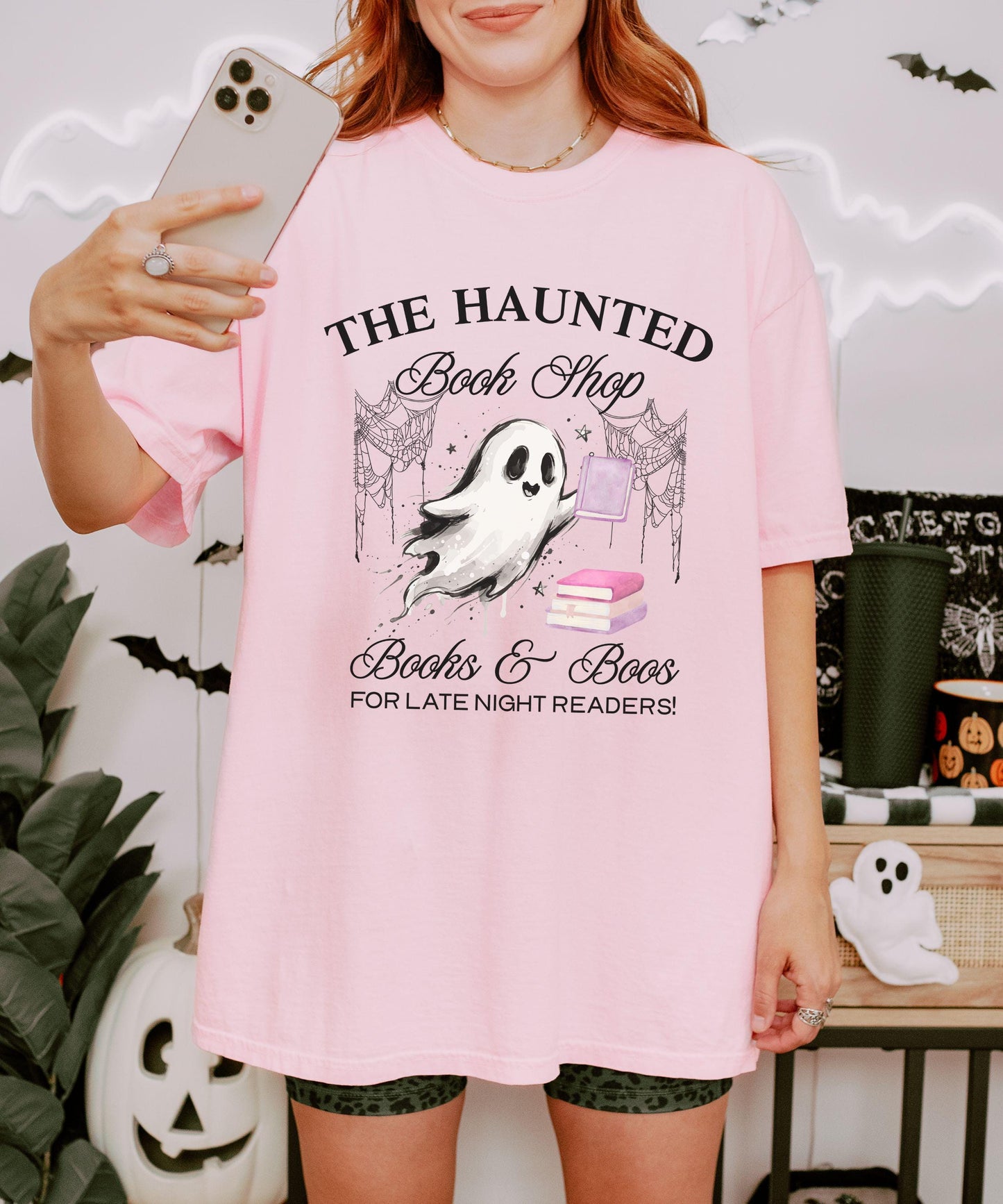 The Haunted Book Shop Comfort Colors Tshirt, Book Ghost Halloween T-Shirt, Fall Tee for Book Lovers
