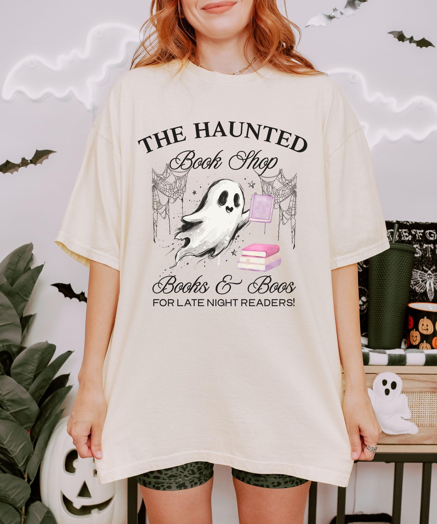 The Haunted Book Shop Comfort Colors Tshirt, Book Ghost Halloween T-Shirt, Fall Tee for Book Lovers