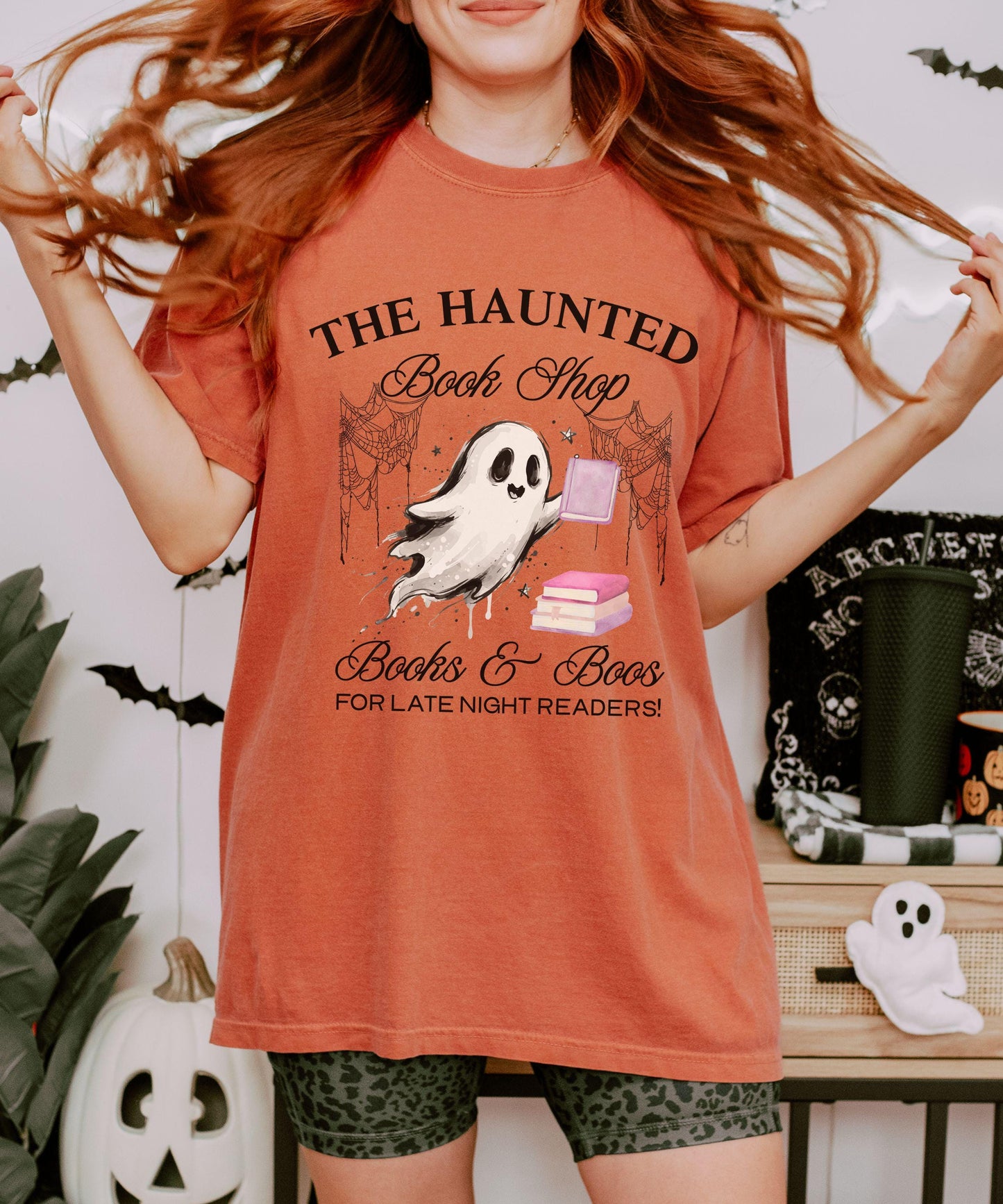 The Haunted Book Shop Comfort Colors Tshirt, Book Ghost Halloween T-Shirt, Fall Tee for Book Lovers