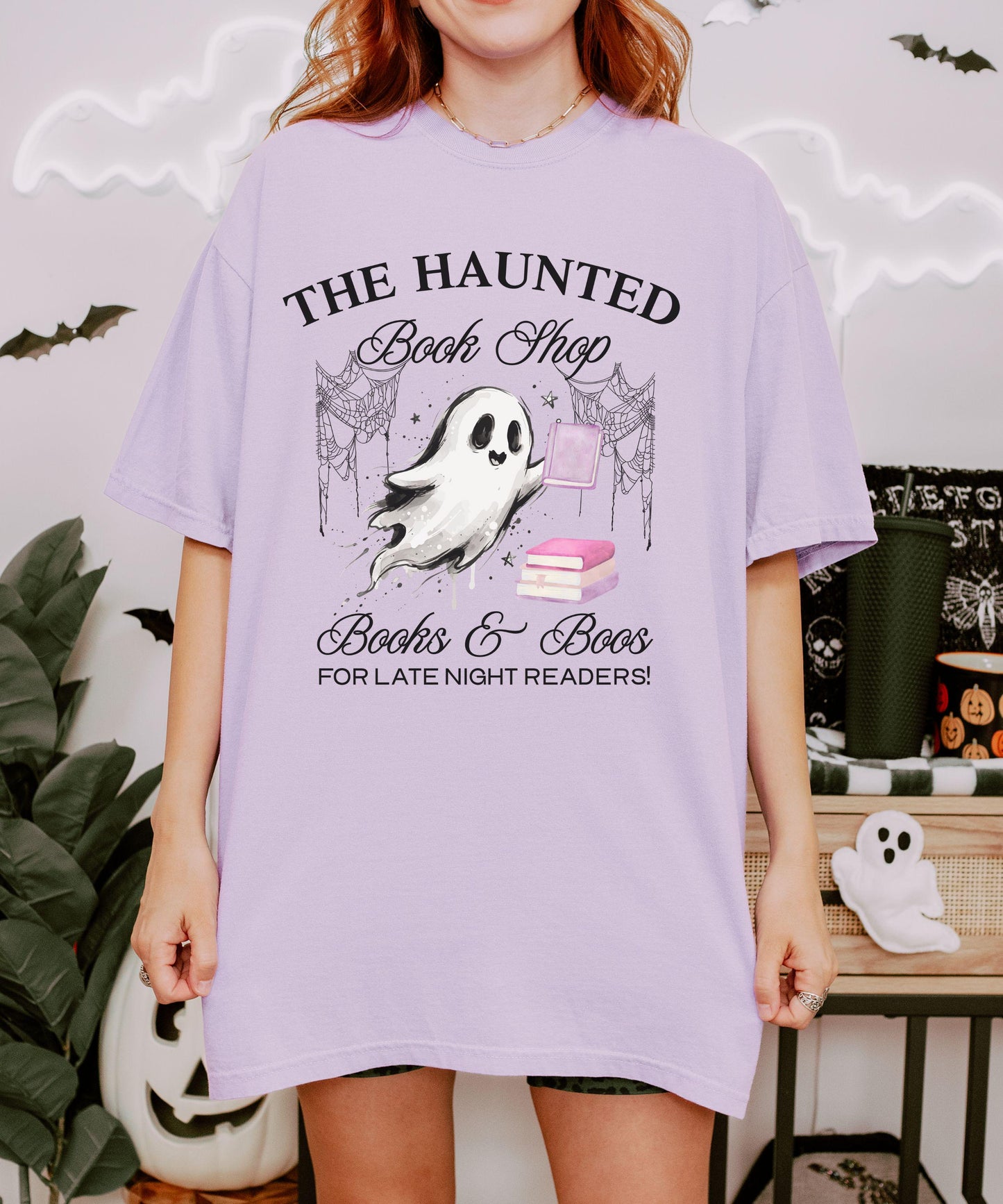 The Haunted Book Shop Comfort Colors Tshirt, Book Ghost Halloween T-Shirt, Fall Tee for Book Lovers