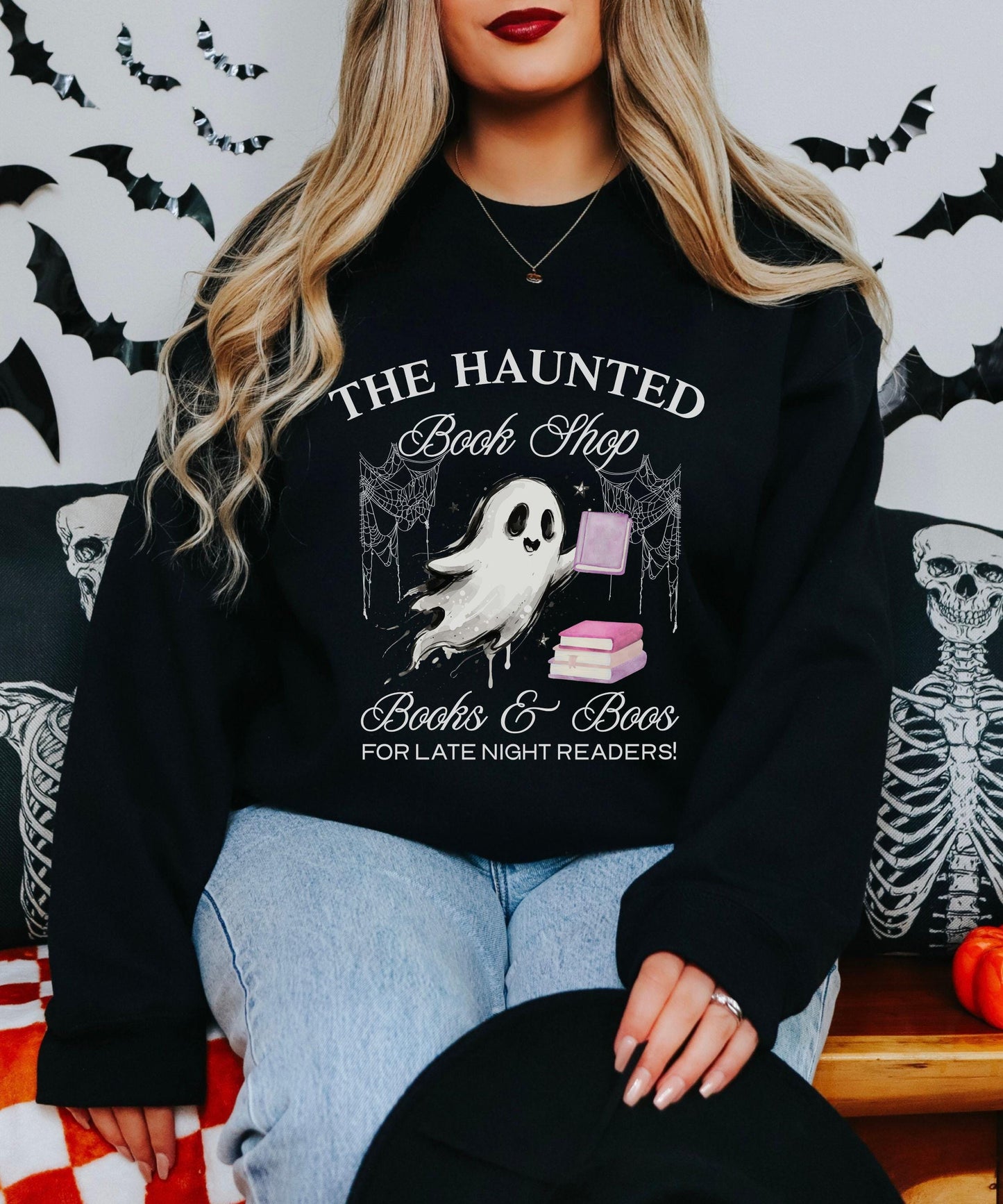 The Haunted Book Shop Sweatshirt, Halloween Crewneck for Book Lovers, Book Ghost Sweatshirt, Women's Bookish Fall Sweaters