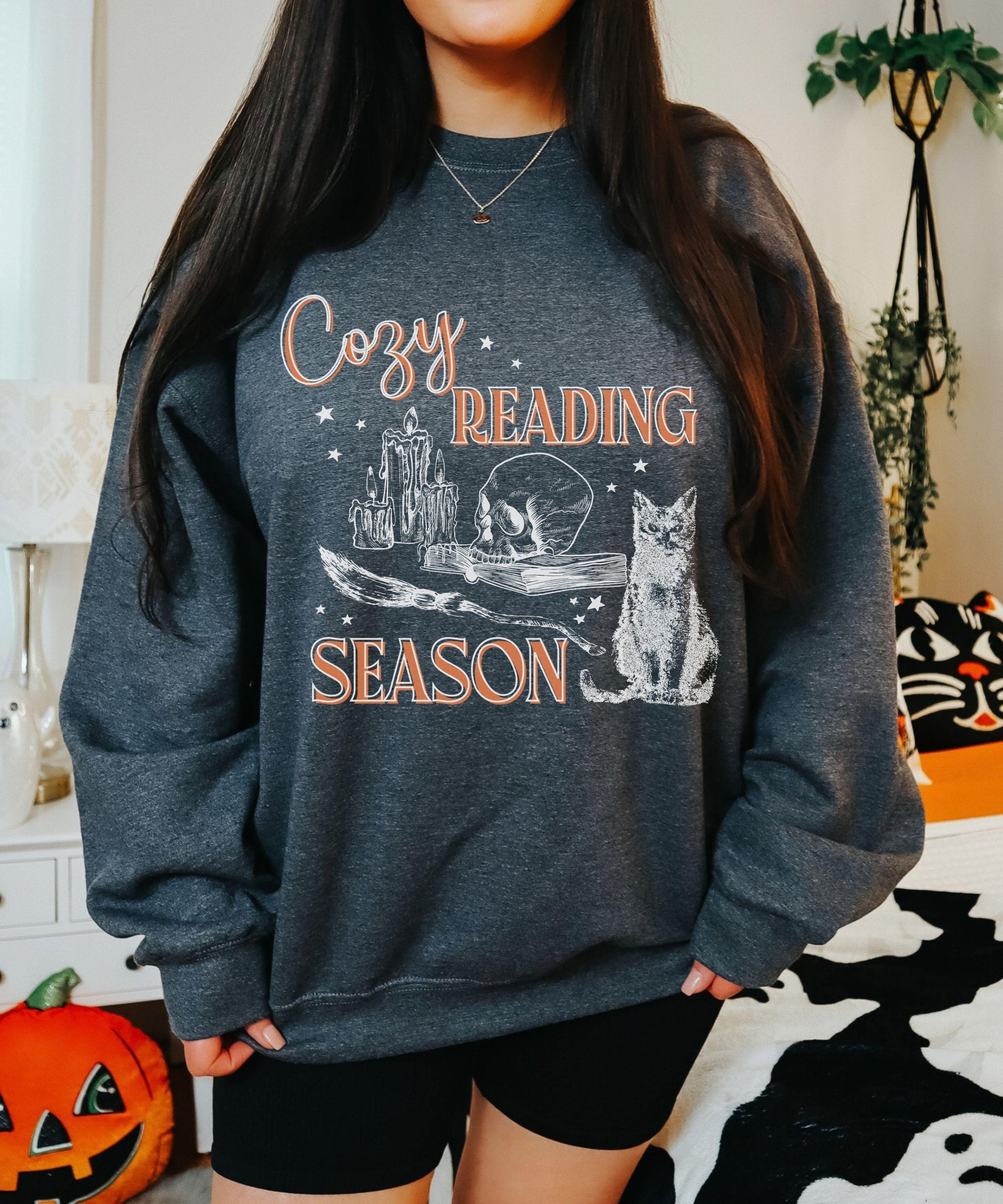 Cozy Reading Season Sweatshirt, Witchy Book Lover Crewneck, Fall Sweatshirt Women, Dark Romance Book Merch, Bookish Halloween Cat Shirt