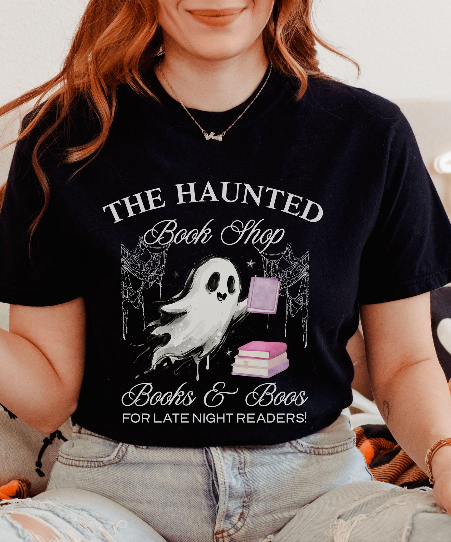 The Haunted Book Shop Comfort Colors Tshirt, Book Ghost Halloween T-Shirt, Fall Tee for Book Lovers