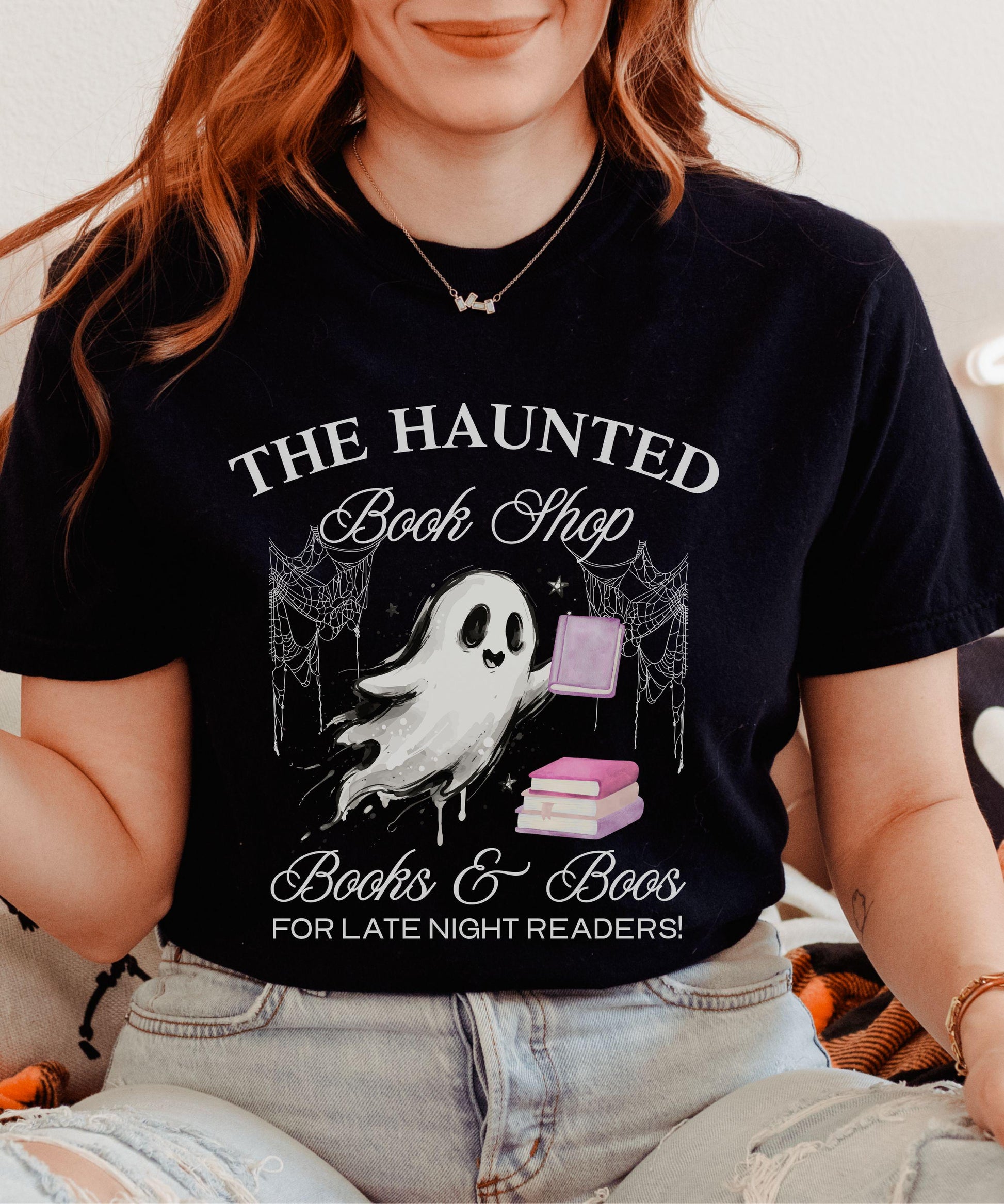 The Haunted Book Shop Comfort Colors Tshirt, Book Ghost Halloween T-Shirt, Fall Tee for Book Lovers