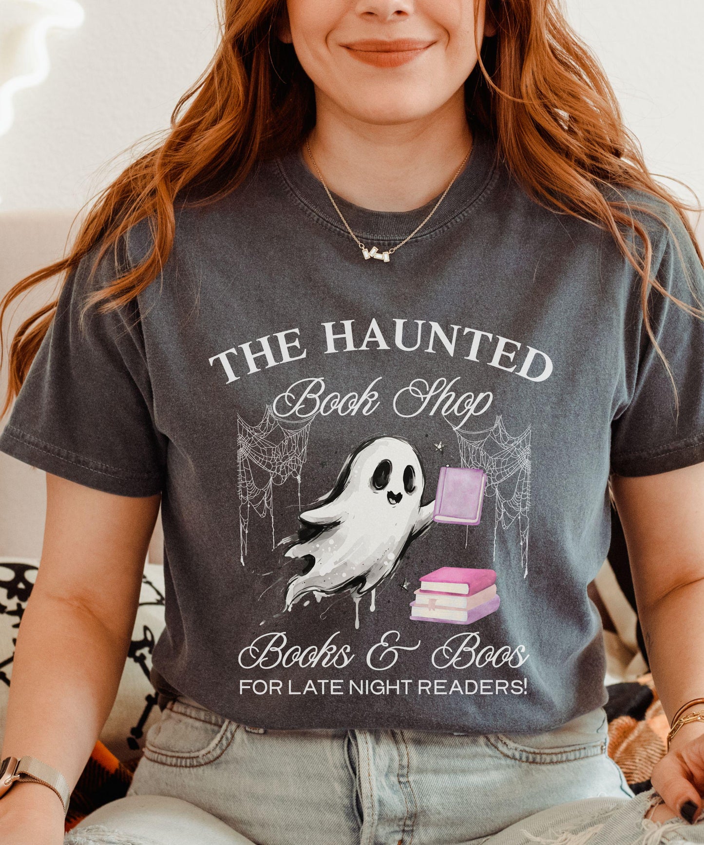 The Haunted Book Shop Comfort Colors Tshirt, Book Ghost Halloween T-Shirt, Fall Tee for Book Lovers