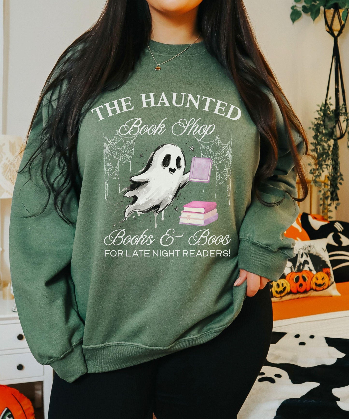 The Haunted Book Shop Sweatshirt, Halloween Crewneck for Book Lovers, Book Ghost Sweatshirt, Women's Bookish Fall Sweaters